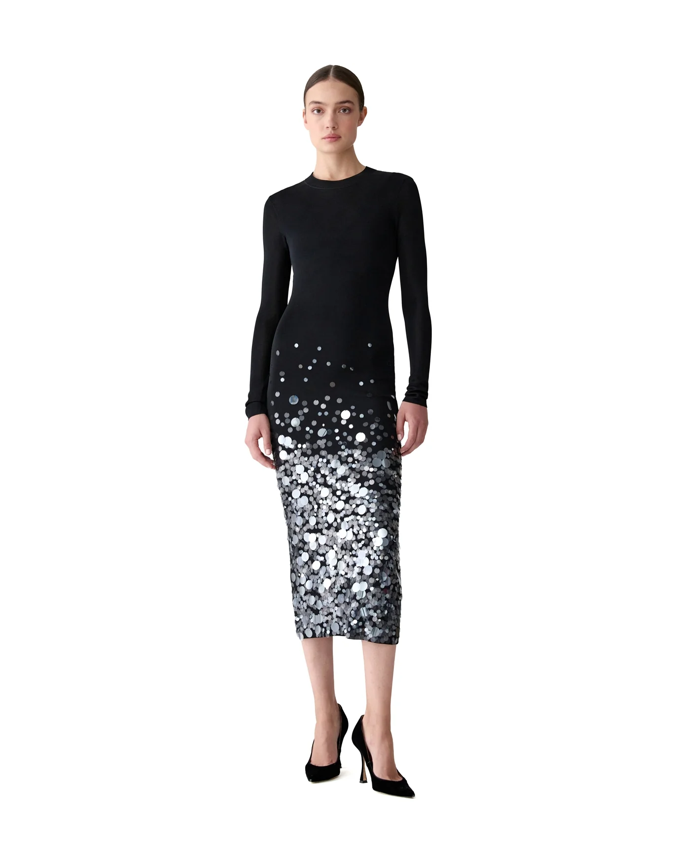 Embroidered Long Sleeve Crewneck Dress | Black - Image 2