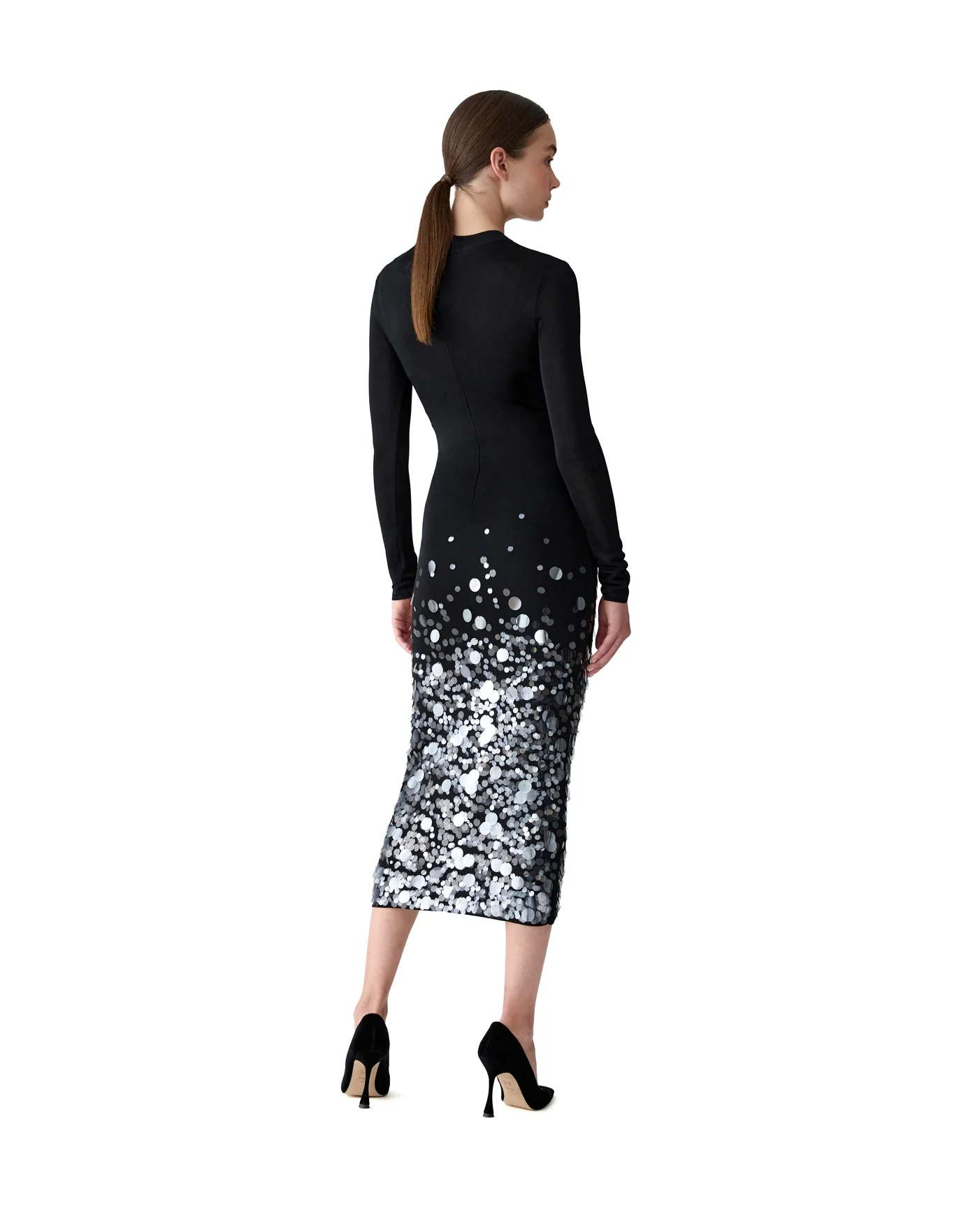 Embroidered Long Sleeve Crewneck Dress | Black - Image 3