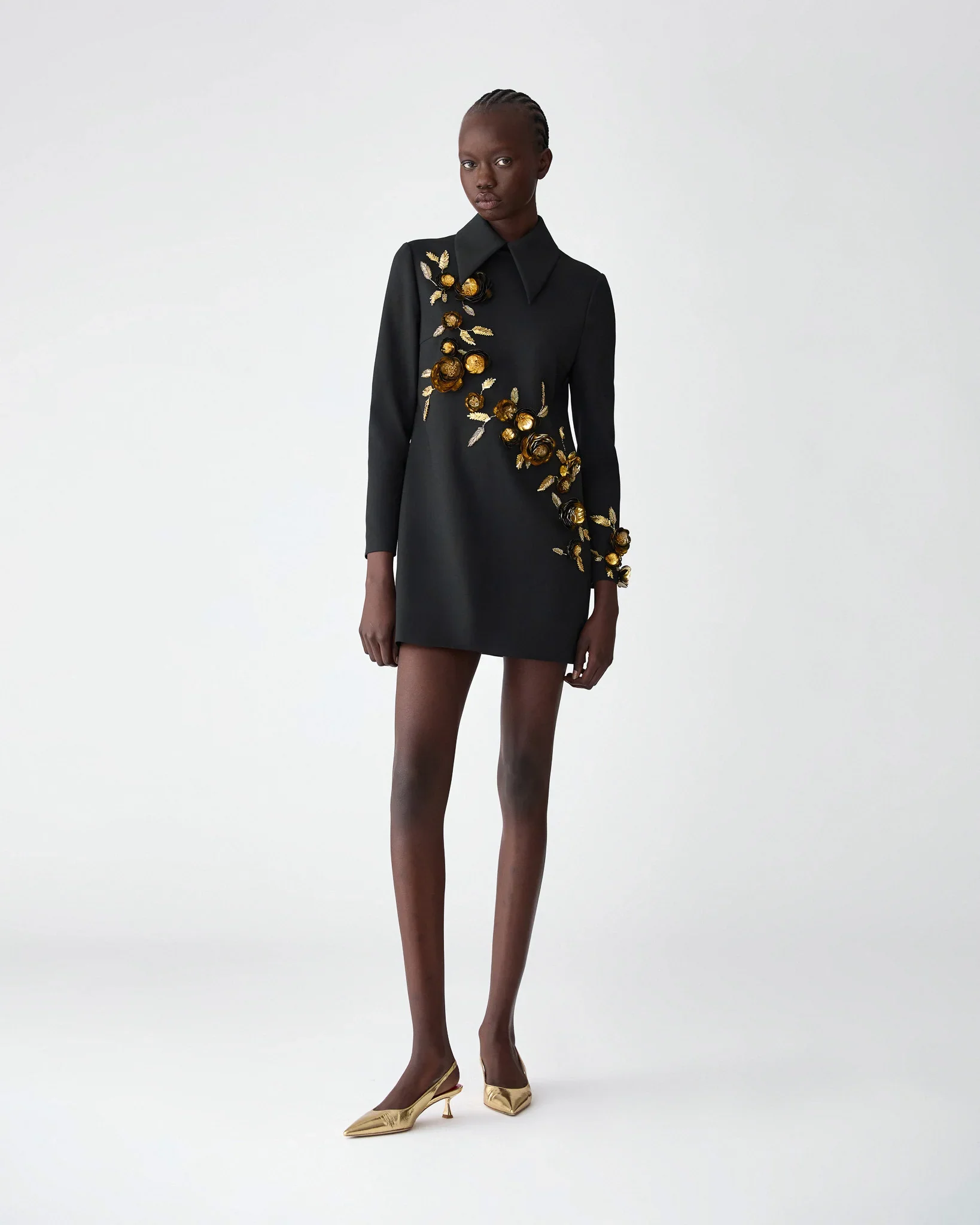Embroidered Long Sleeve Shift with Collar | Black Multi - Image 4