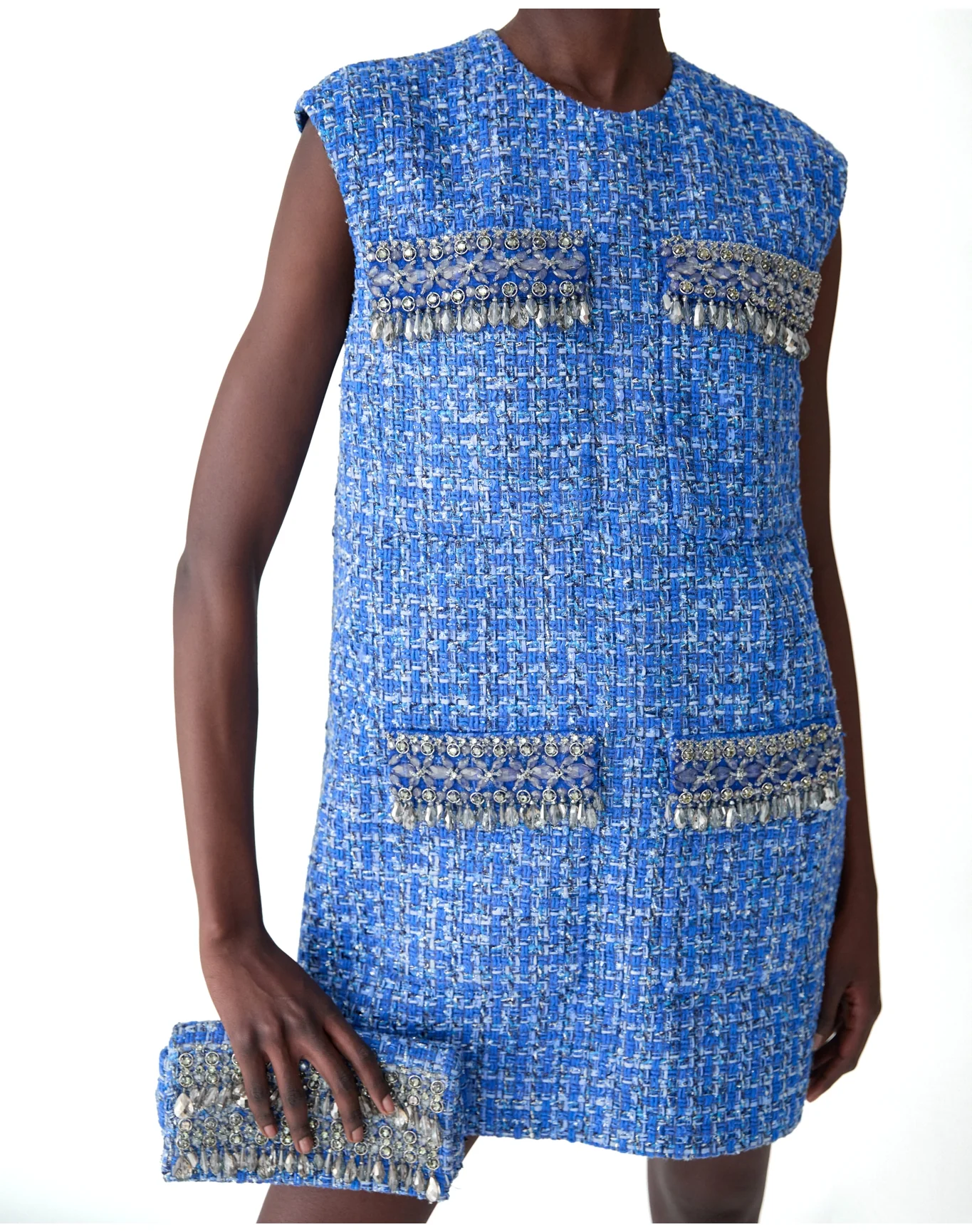 Embroidered Shift Dress with Pockets | Blue Multi - Image 4