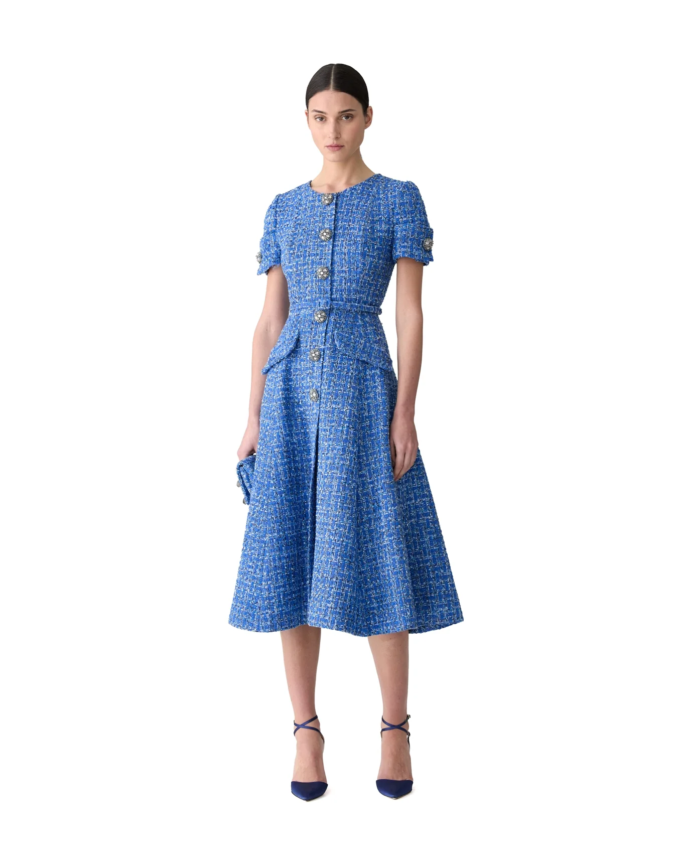Embroidered Short Sleeve Button Front Midi Dress with Belt | Blue Multi - Image 2
