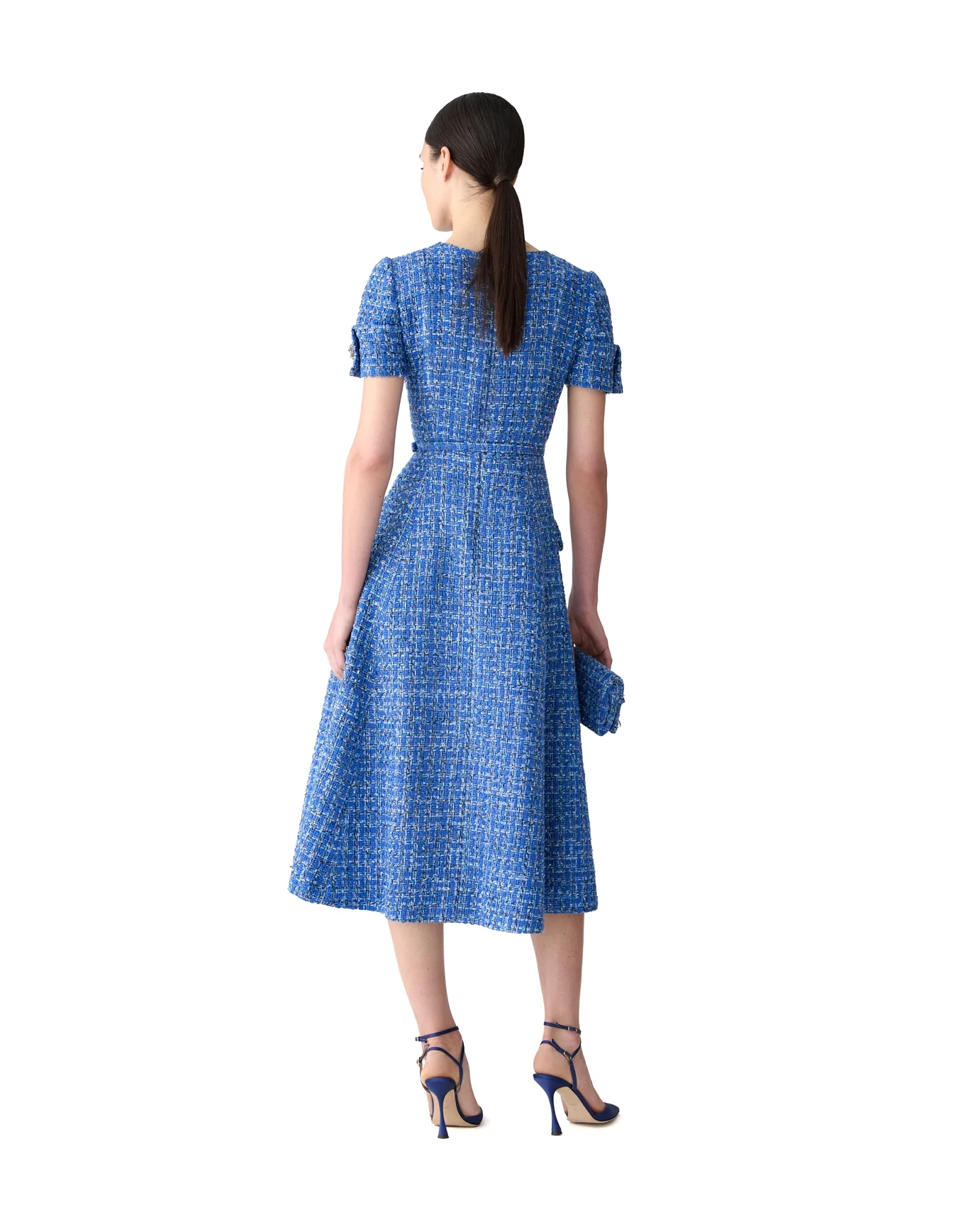 Embroidered Short Sleeve Button Front Midi Dress with Belt | Blue Multi - Image 3