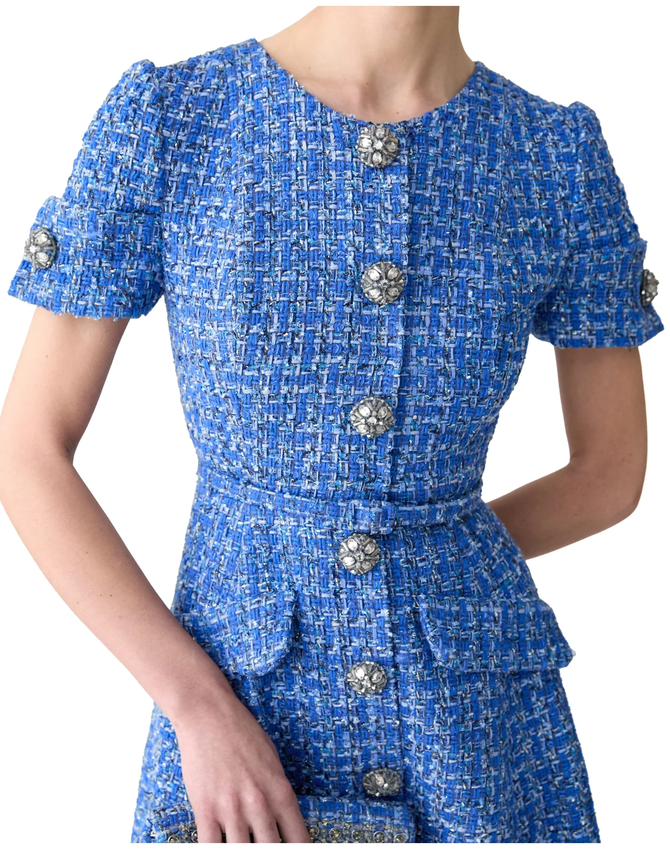 Embroidered Short Sleeve Button Front Midi Dress with Belt | Blue Multi - Image 4