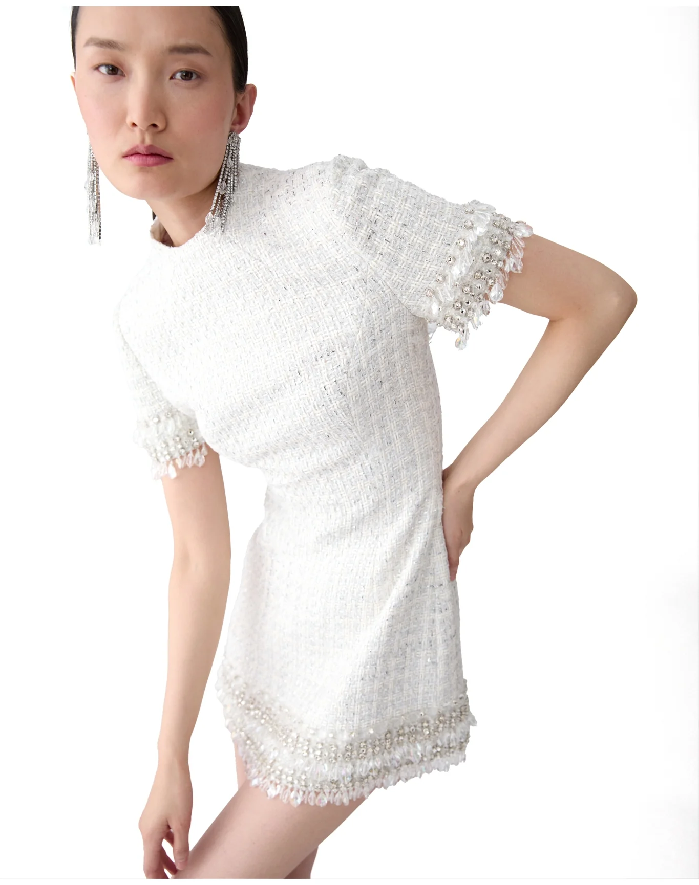 Embroidered Short Sleeve Crew Neck Mini Dress | Ivory Multi - Image 4