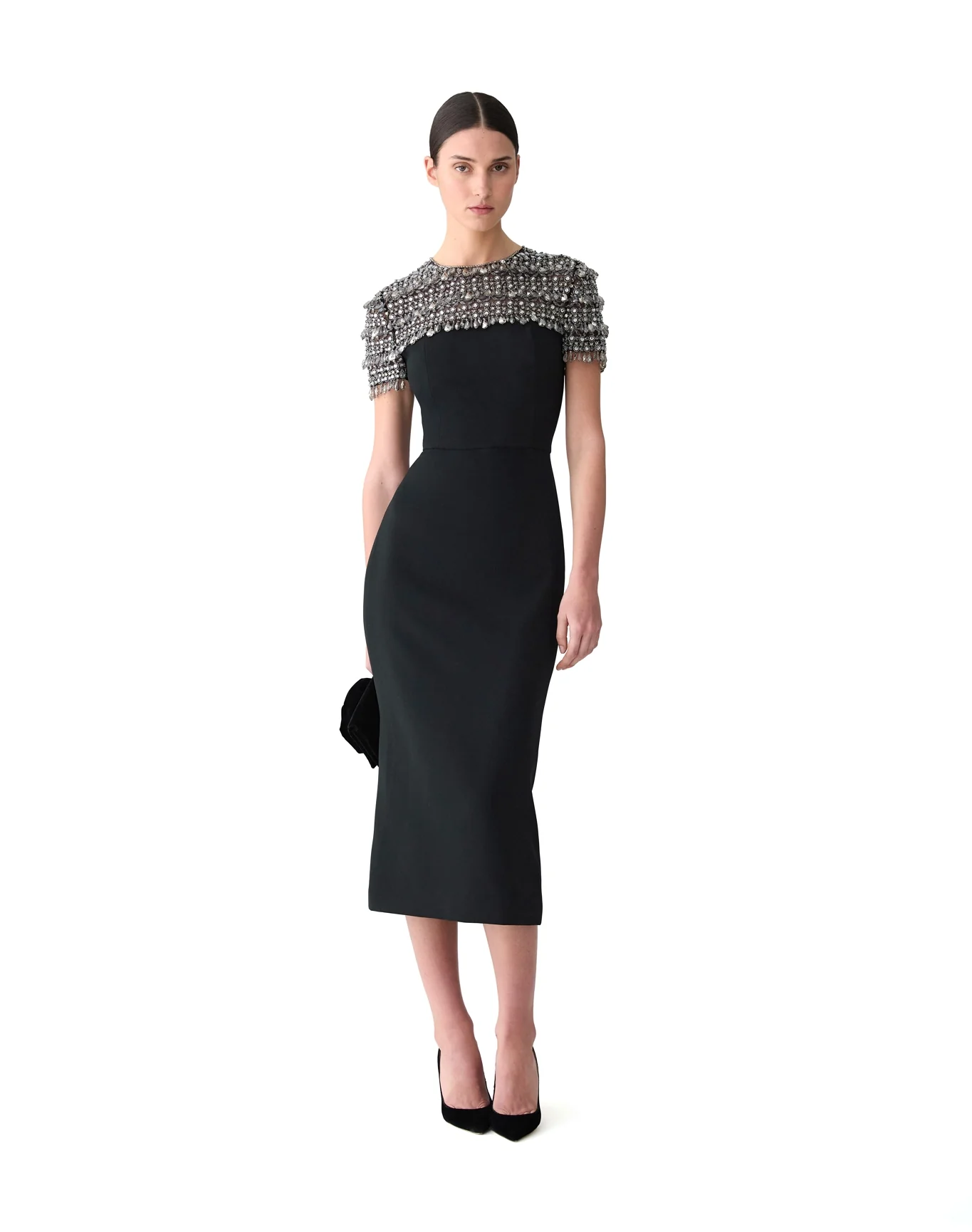 Embroidered Short Sleeve Crewneck Pencil Dress | Black Multi - Image 2
