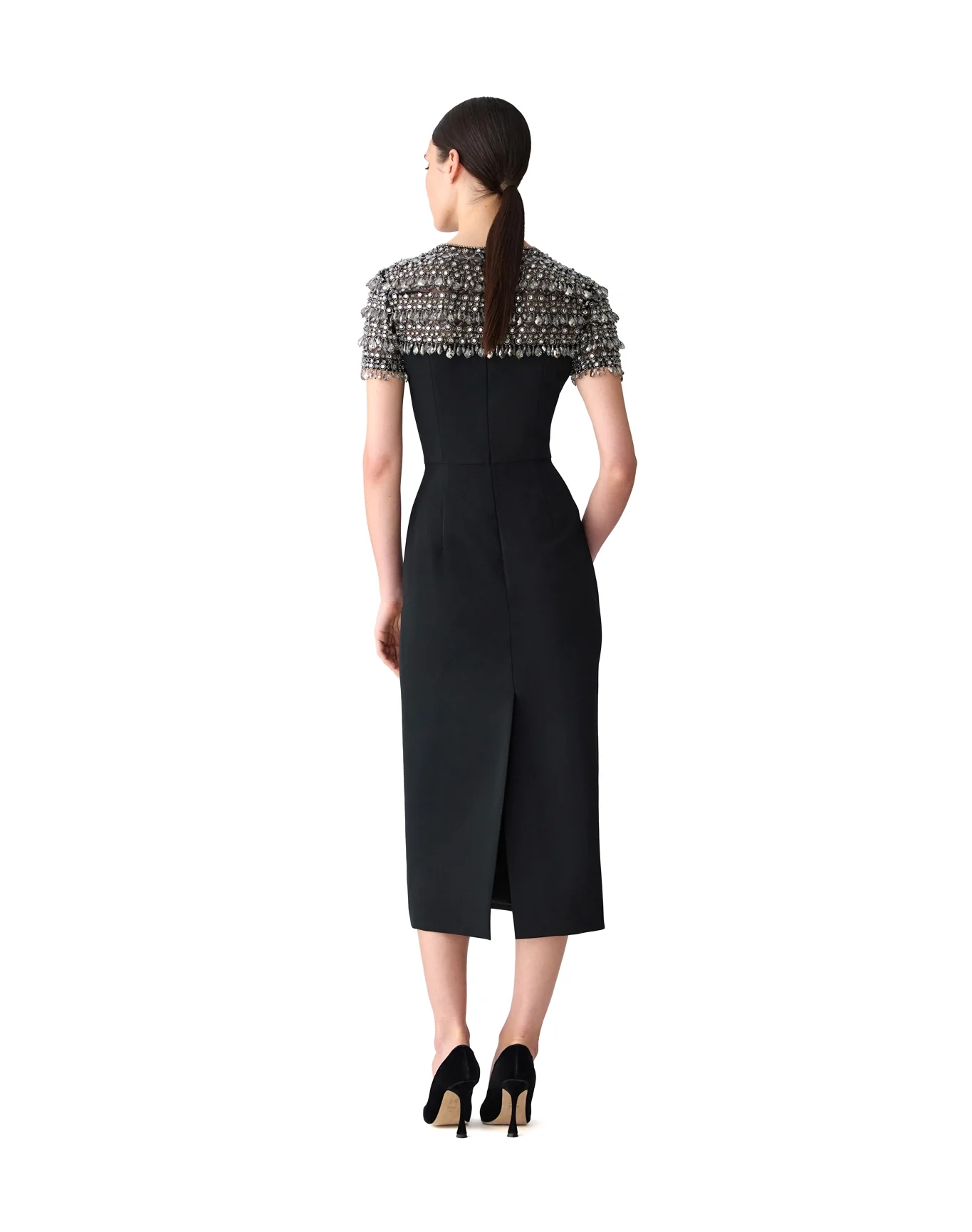 Embroidered Short Sleeve Crewneck Pencil Dress | Black Multi - Image 3