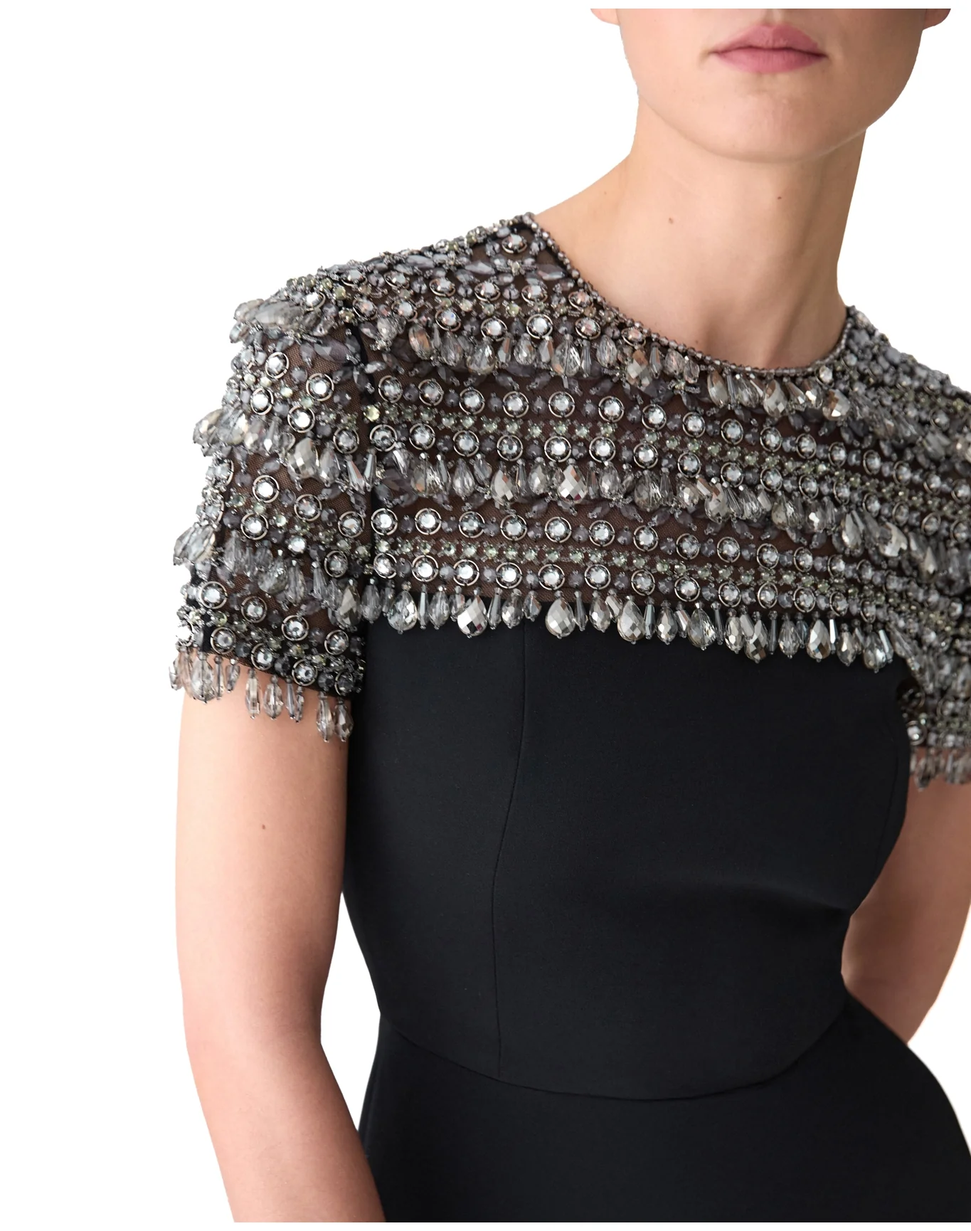 Embroidered Short Sleeve Crewneck Pencil Dress | Black Multi - Image 4