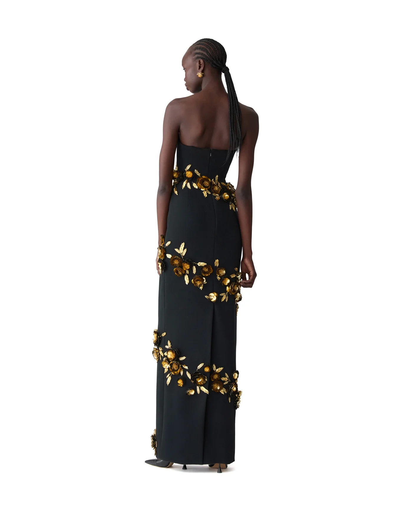 Embroidered Strapless Column Gown | Black Multi - Image 3