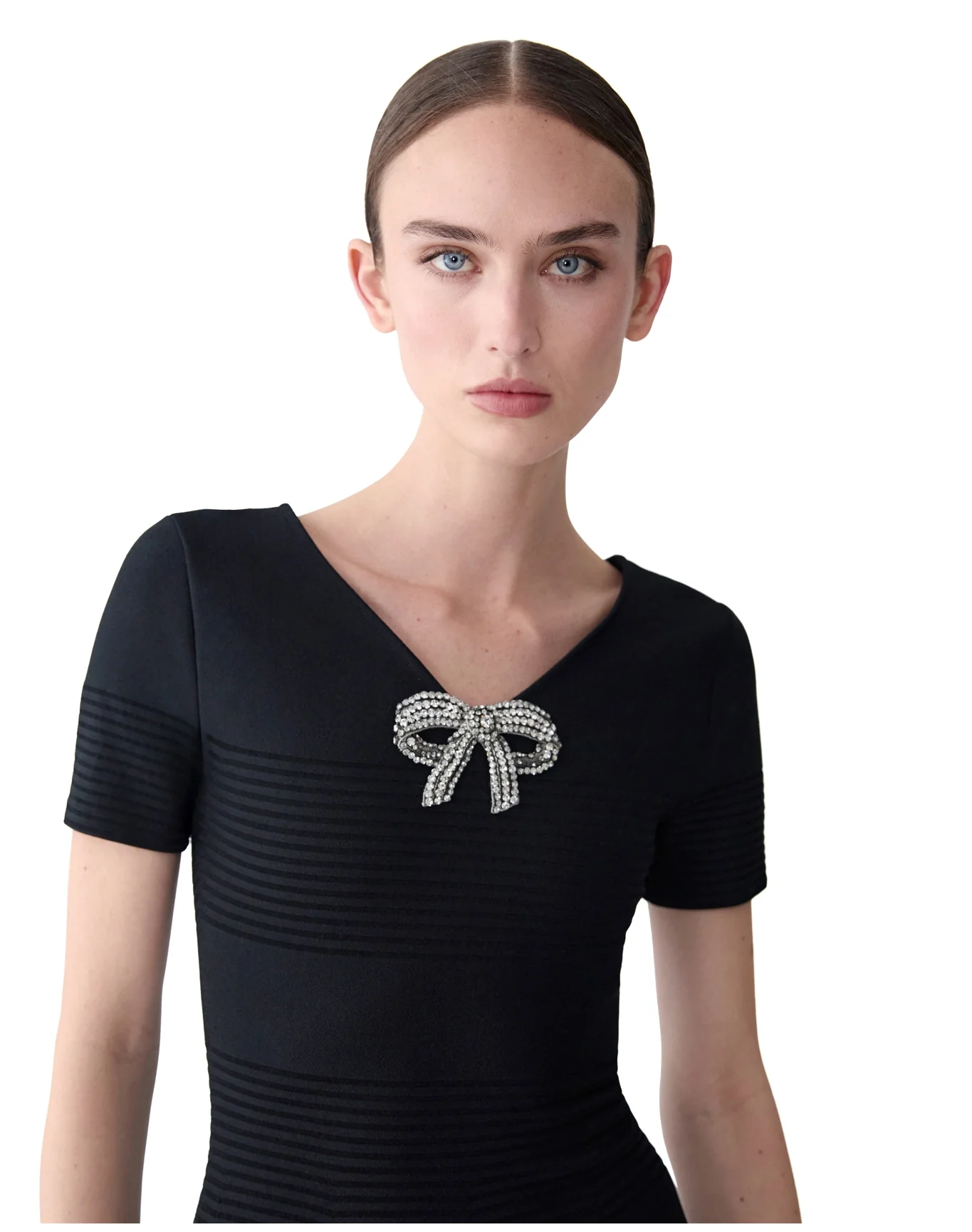 Embroidered V Neck Flare Dress | Black - Image 3