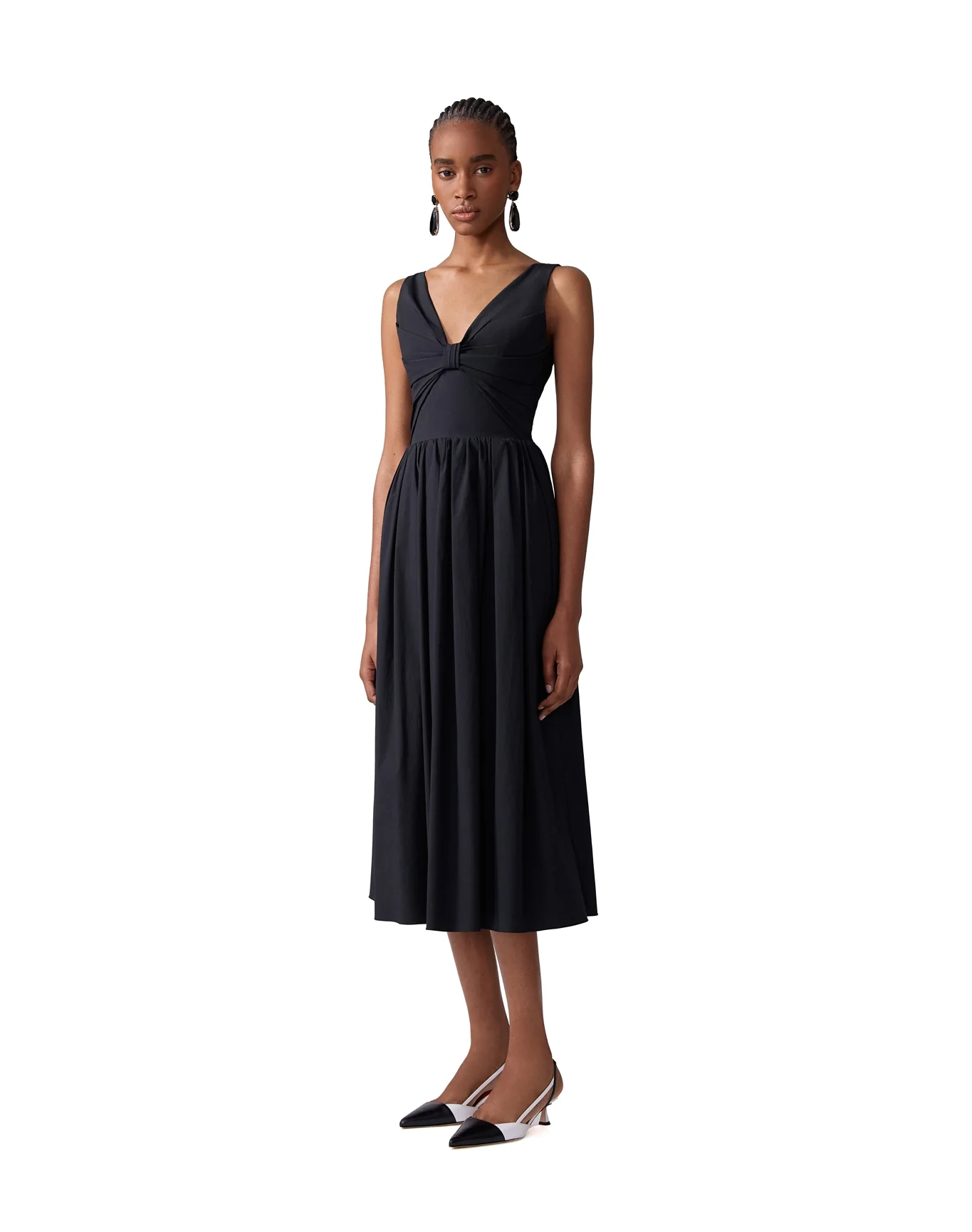 Gathered V-Neck Midi Dress | Black - Image 2