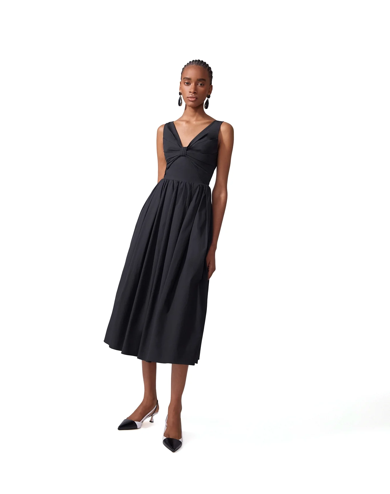 Gathered V-Neck Midi Dress | Black - Image 4