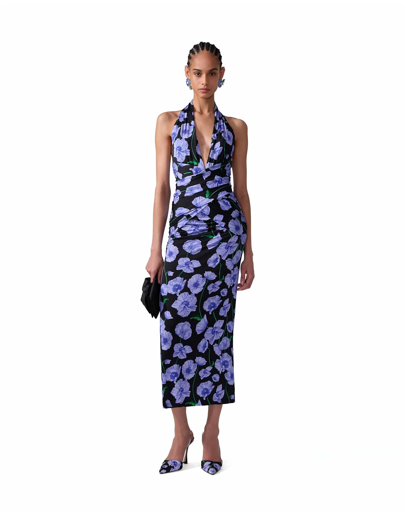 Halter Neck Gathered Midi Dress | Black Multi - Image 2