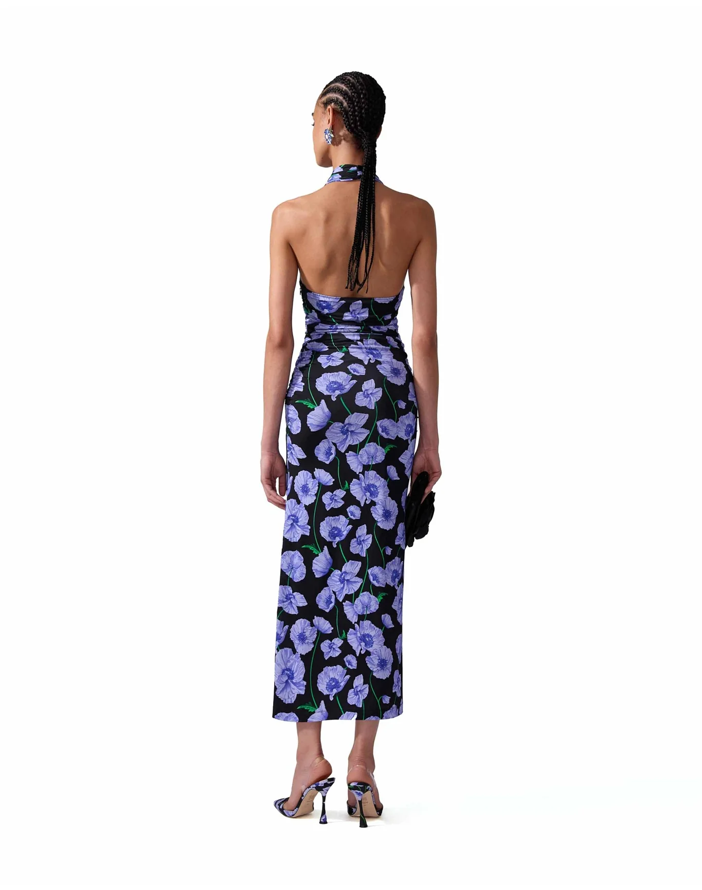 Halter Neck Gathered Midi Dress | Black Multi - Image 3