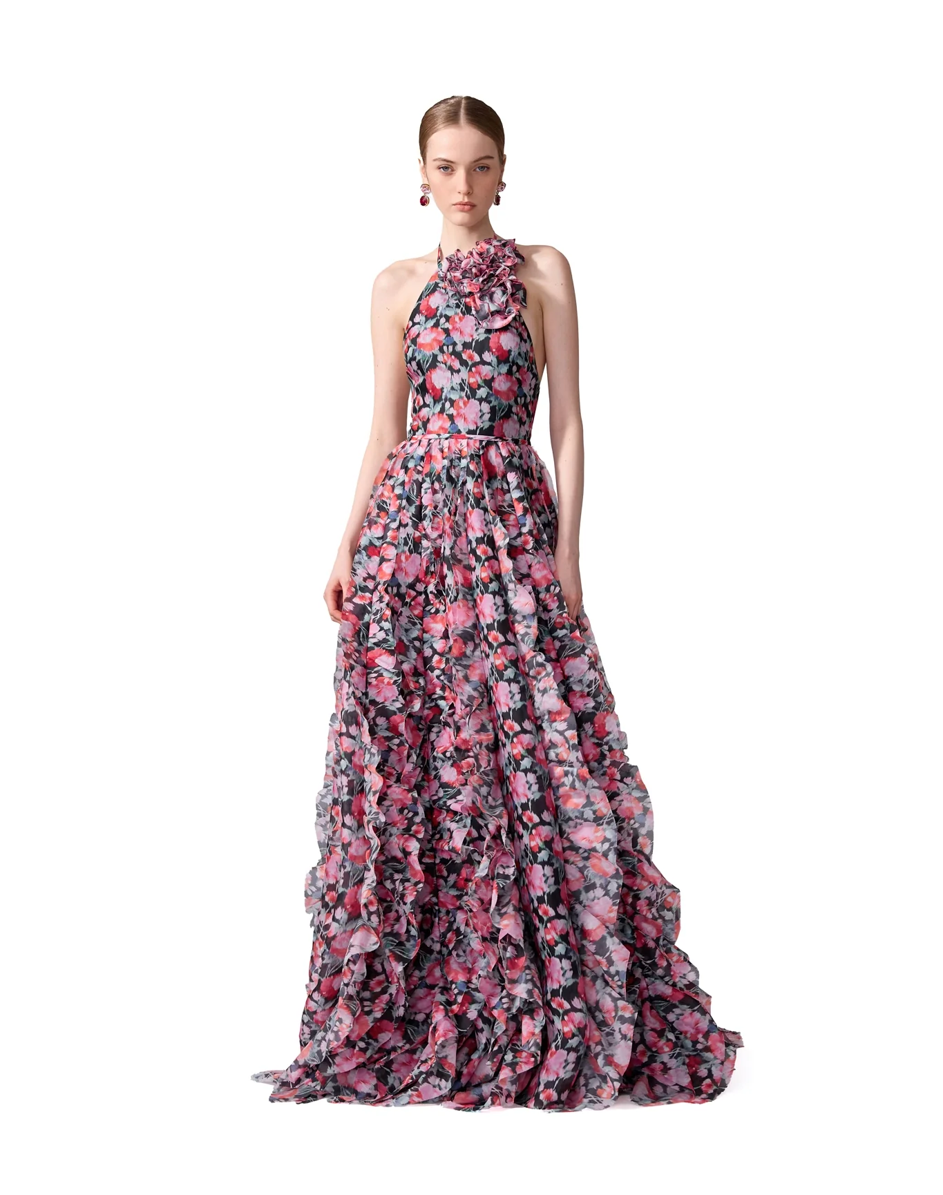 Halter Neck Gown with Floral Detail | Pink Multi - Image 2