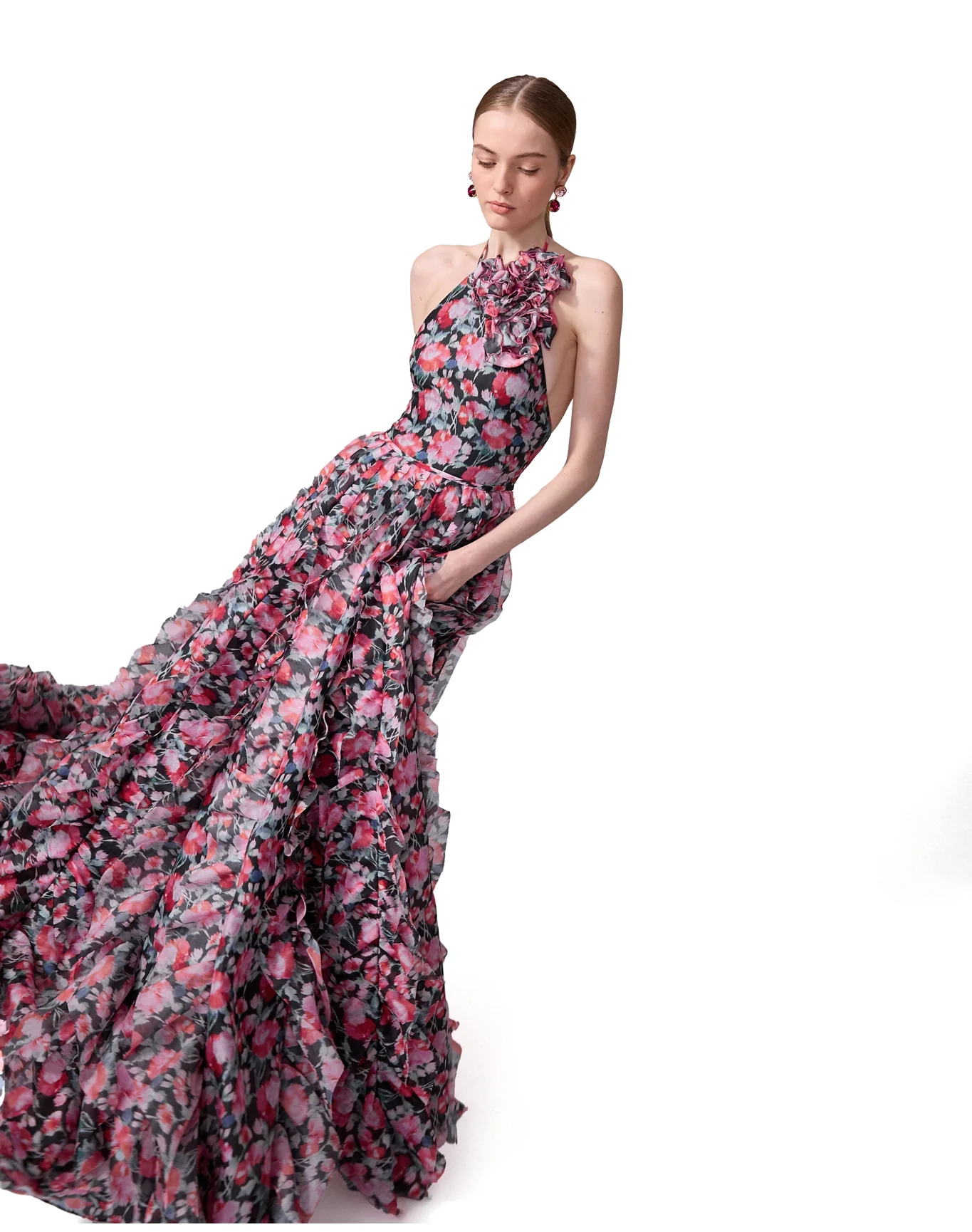 Halter Neck Gown with Floral Detail | Pink Multi - Image 4