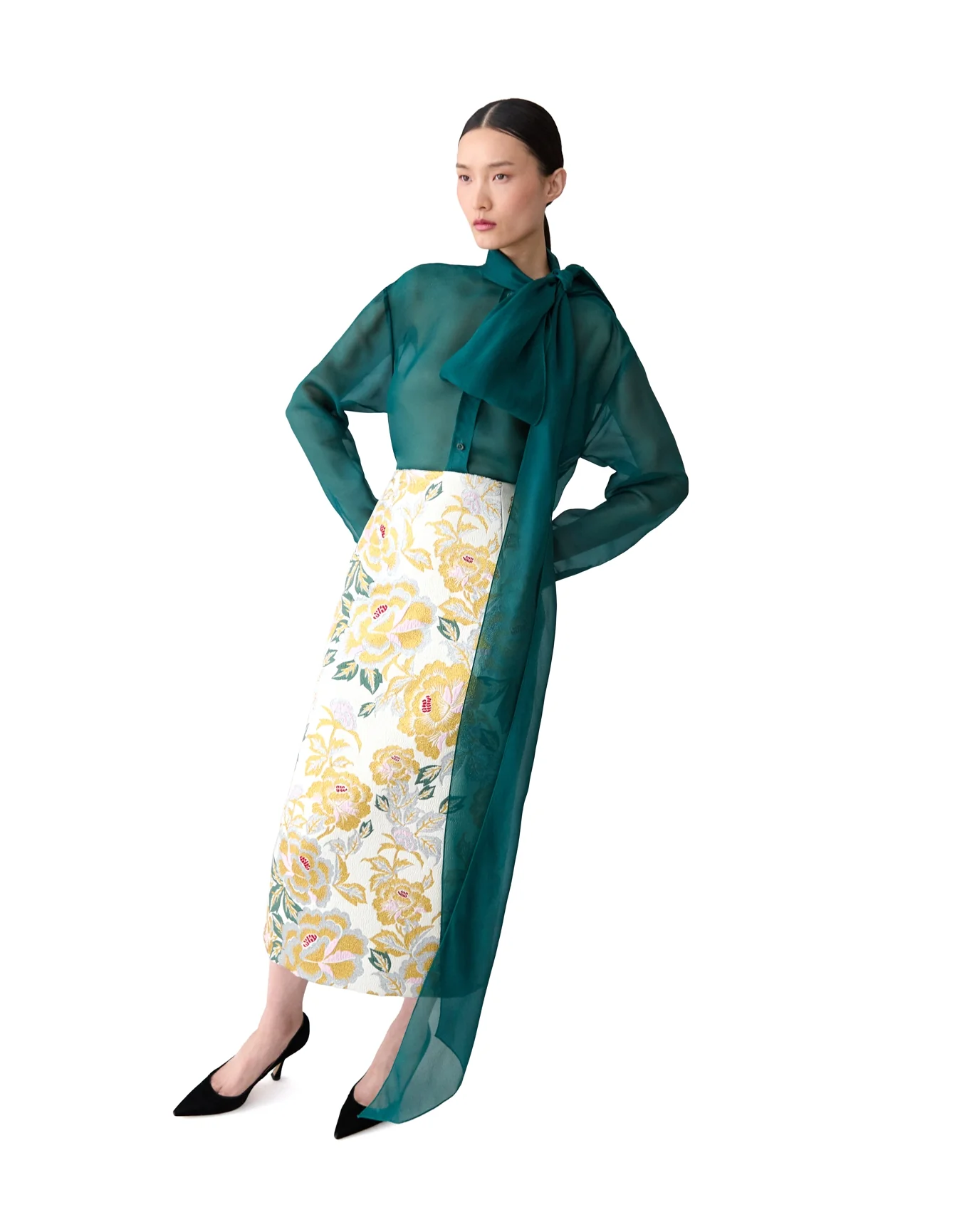 Long Sleeve Button Down Top with Bow | Pine Green - Image 10