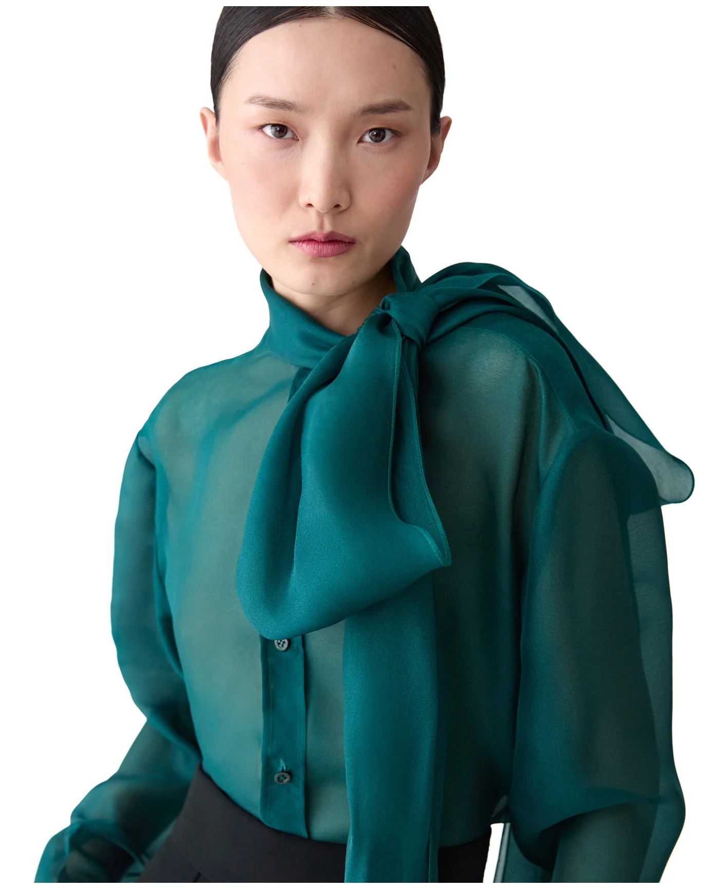 Long Sleeve Button Down Top with Bow | Pine Green - Image 11
