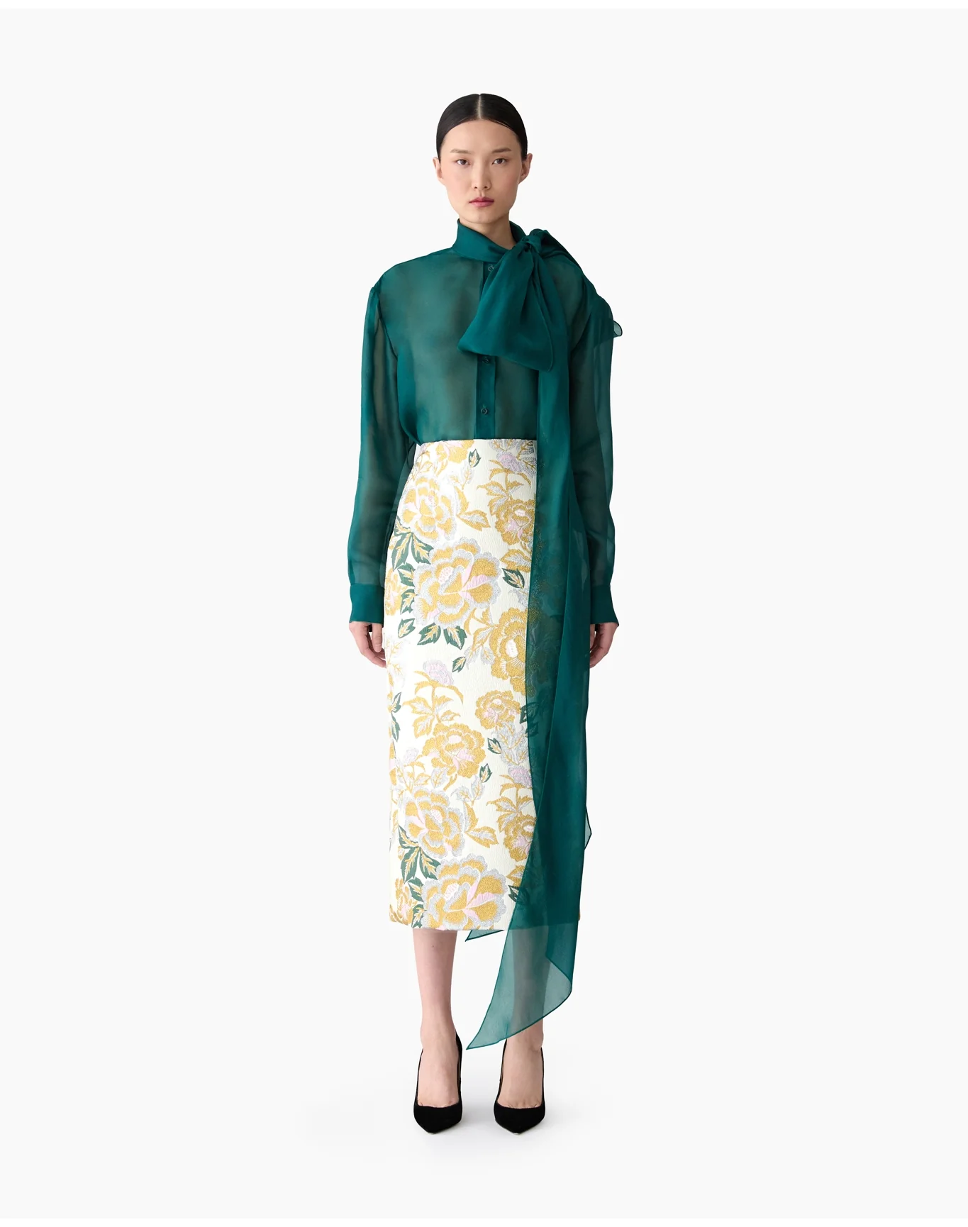 Long Sleeve Button Down Top with Bow | Pine Green - Image 3