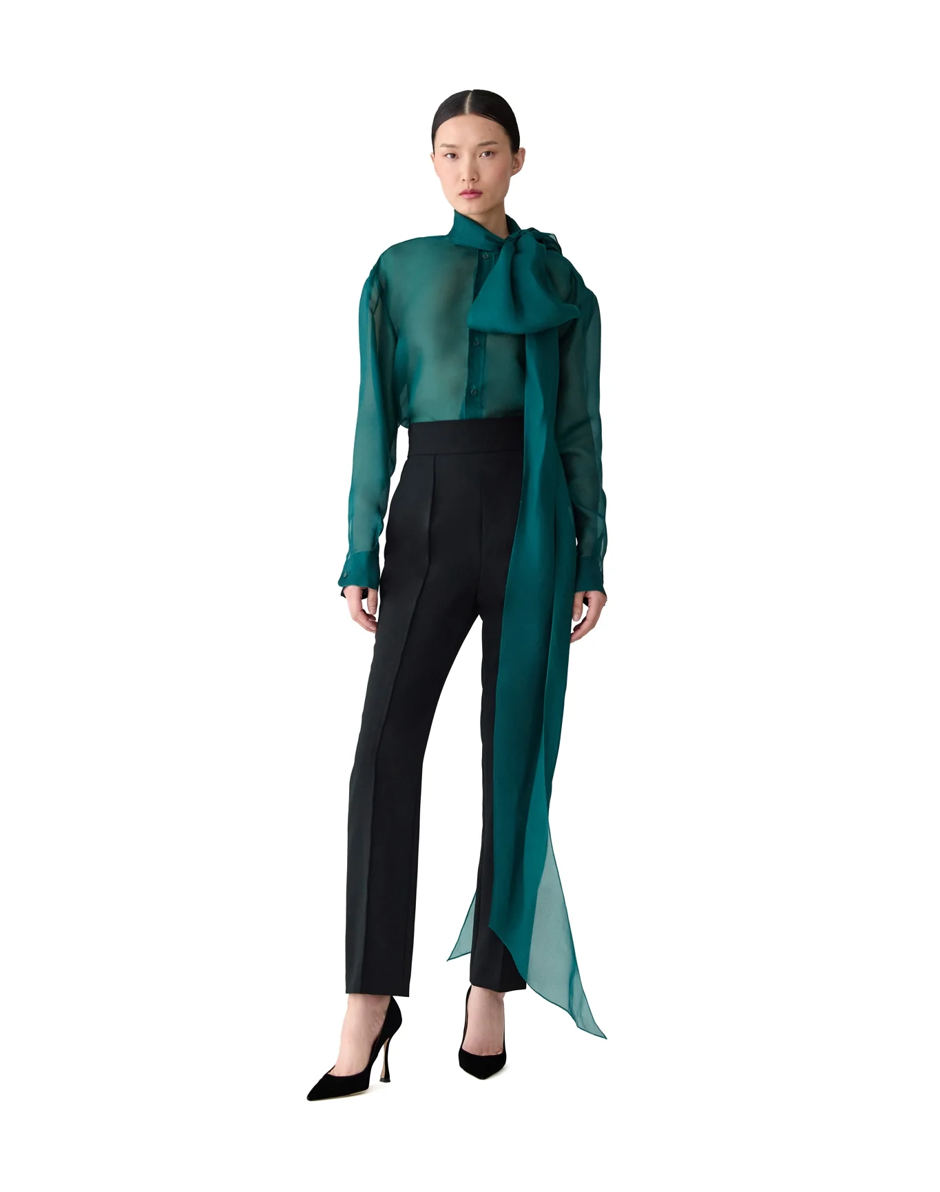Long Sleeve Button Down Top with Bow | Pine Green - Image 4