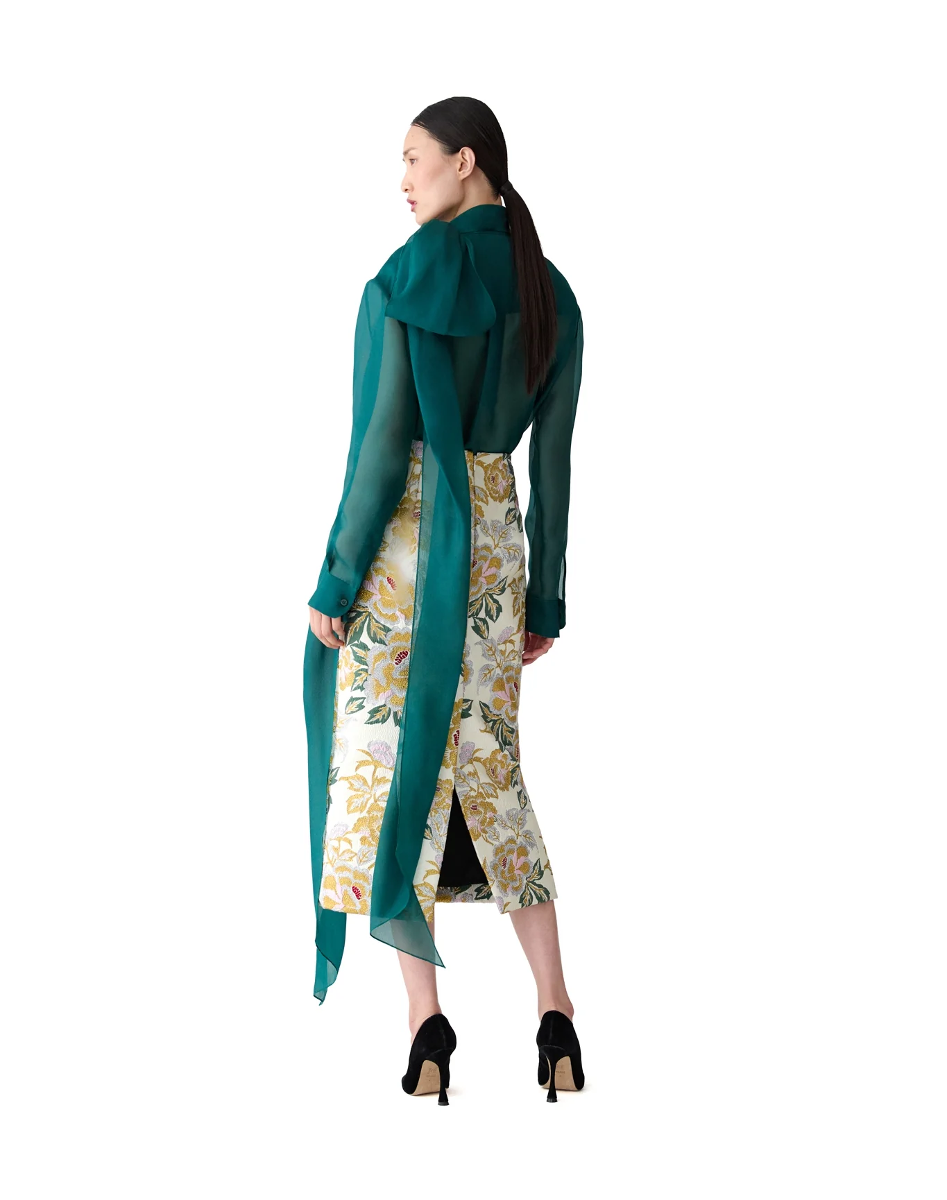 Long Sleeve Button Down Top with Bow | Pine Green - Image 6
