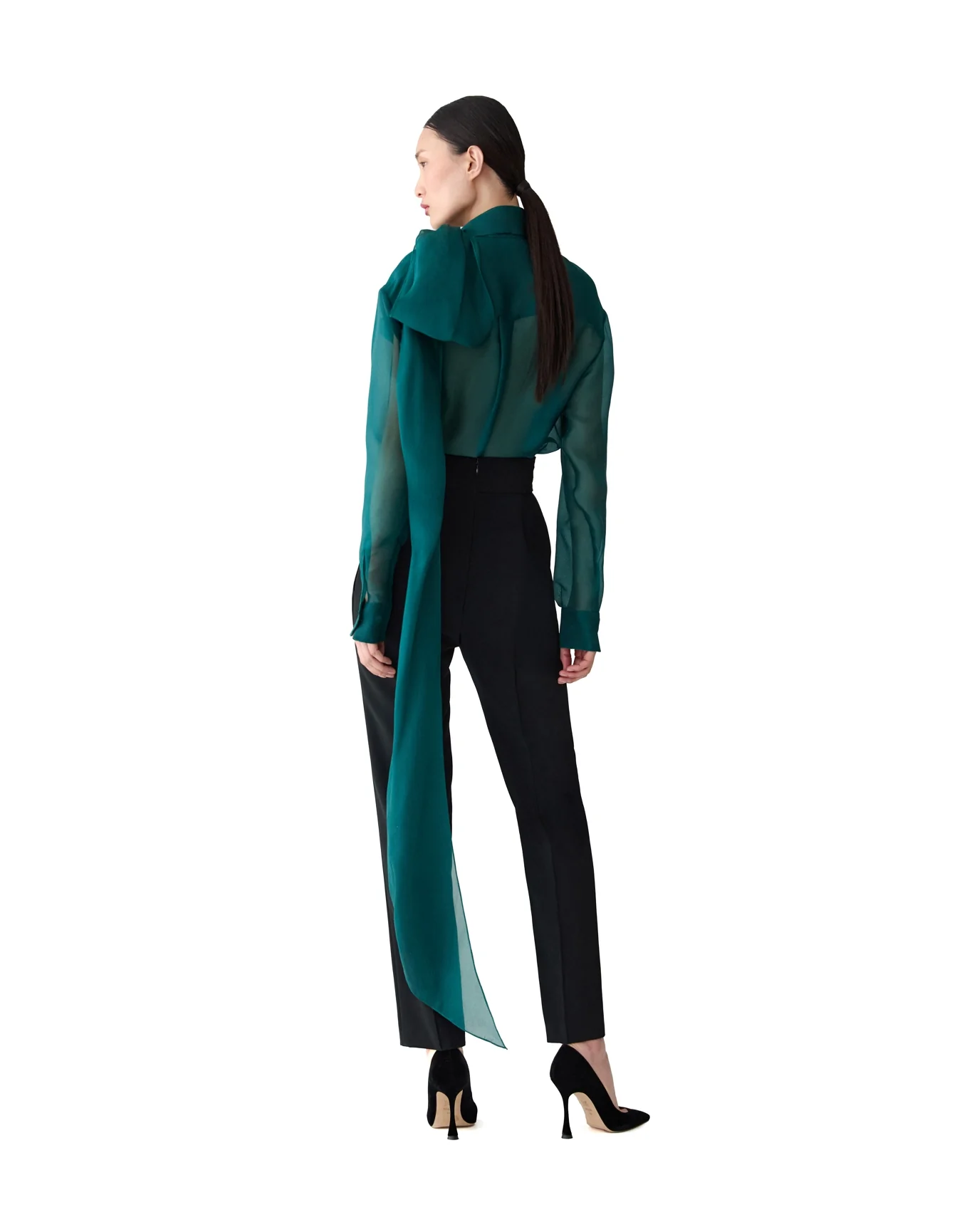 Long Sleeve Button Down Top with Bow | Pine Green - Image 7