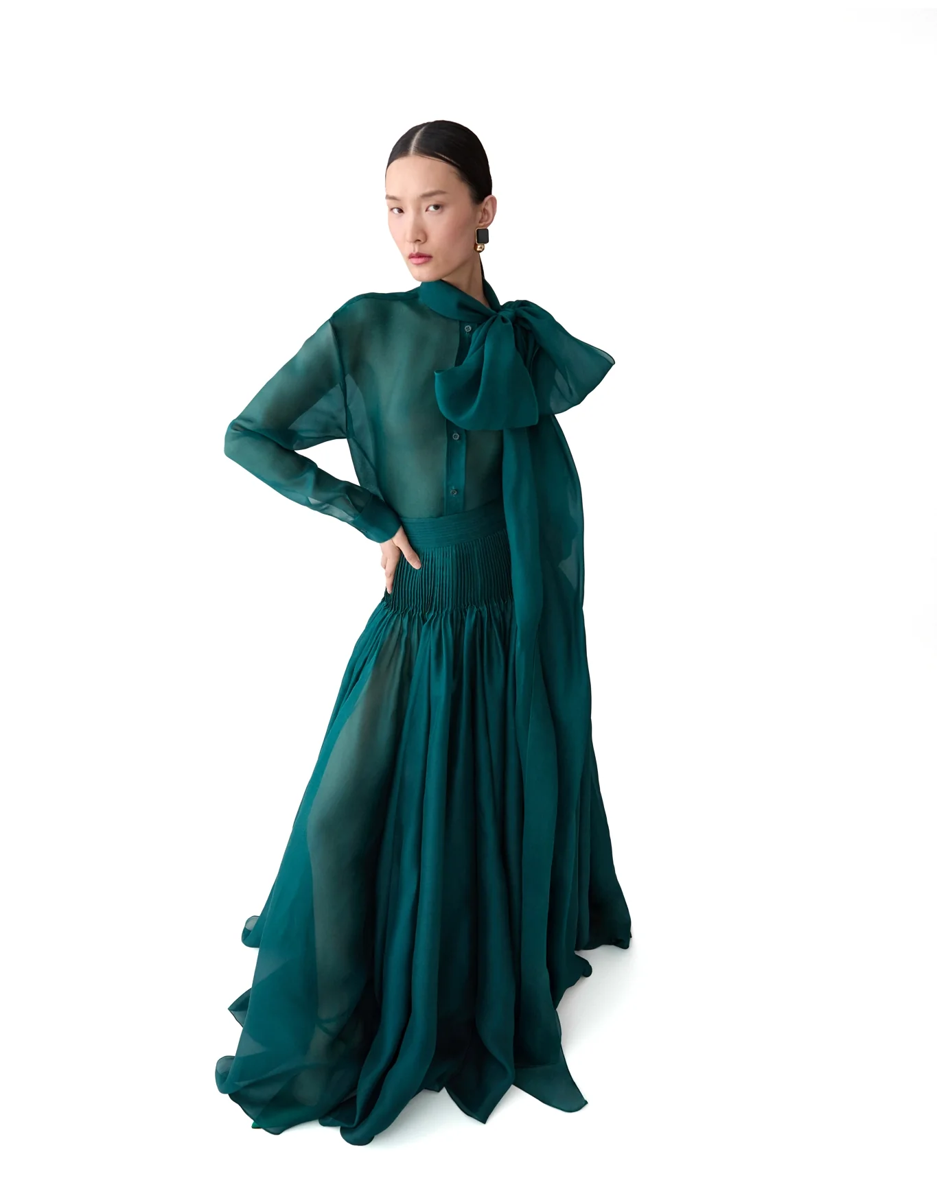 Long Sleeve Button Down Top with Bow | Pine Green - Image 8