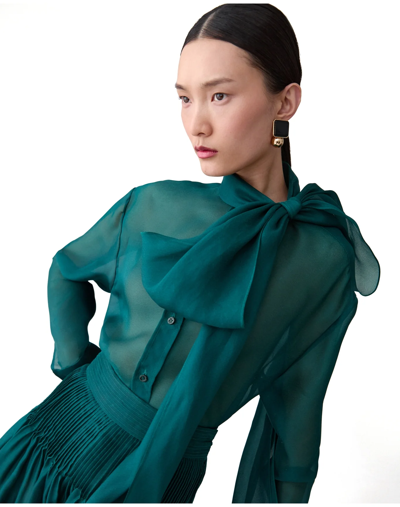 Long Sleeve Button Down Top with Bow | Pine Green - Image 9