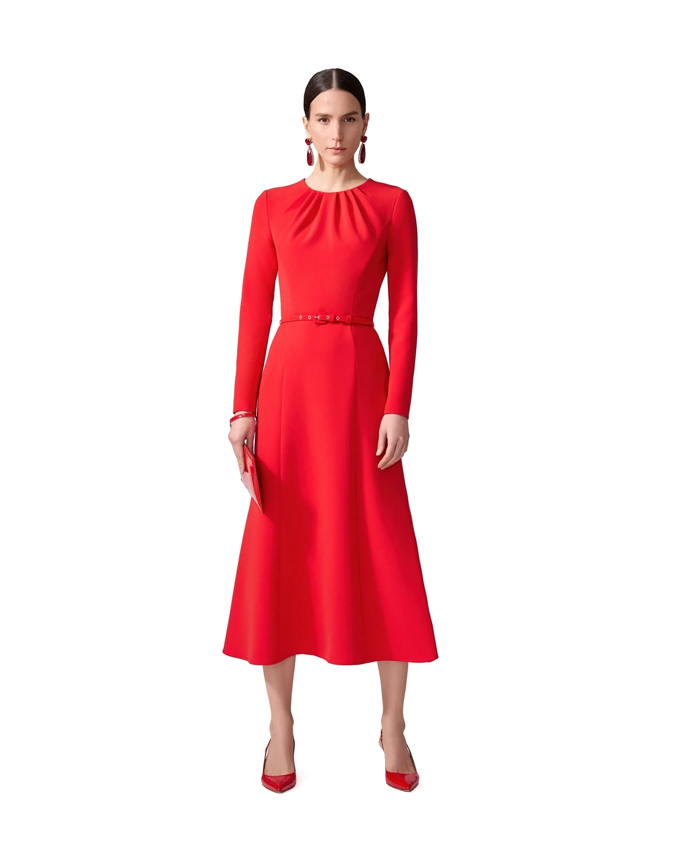 Long Sleeve Gathered Midi Dress with Belt | Scarlet - Image 2