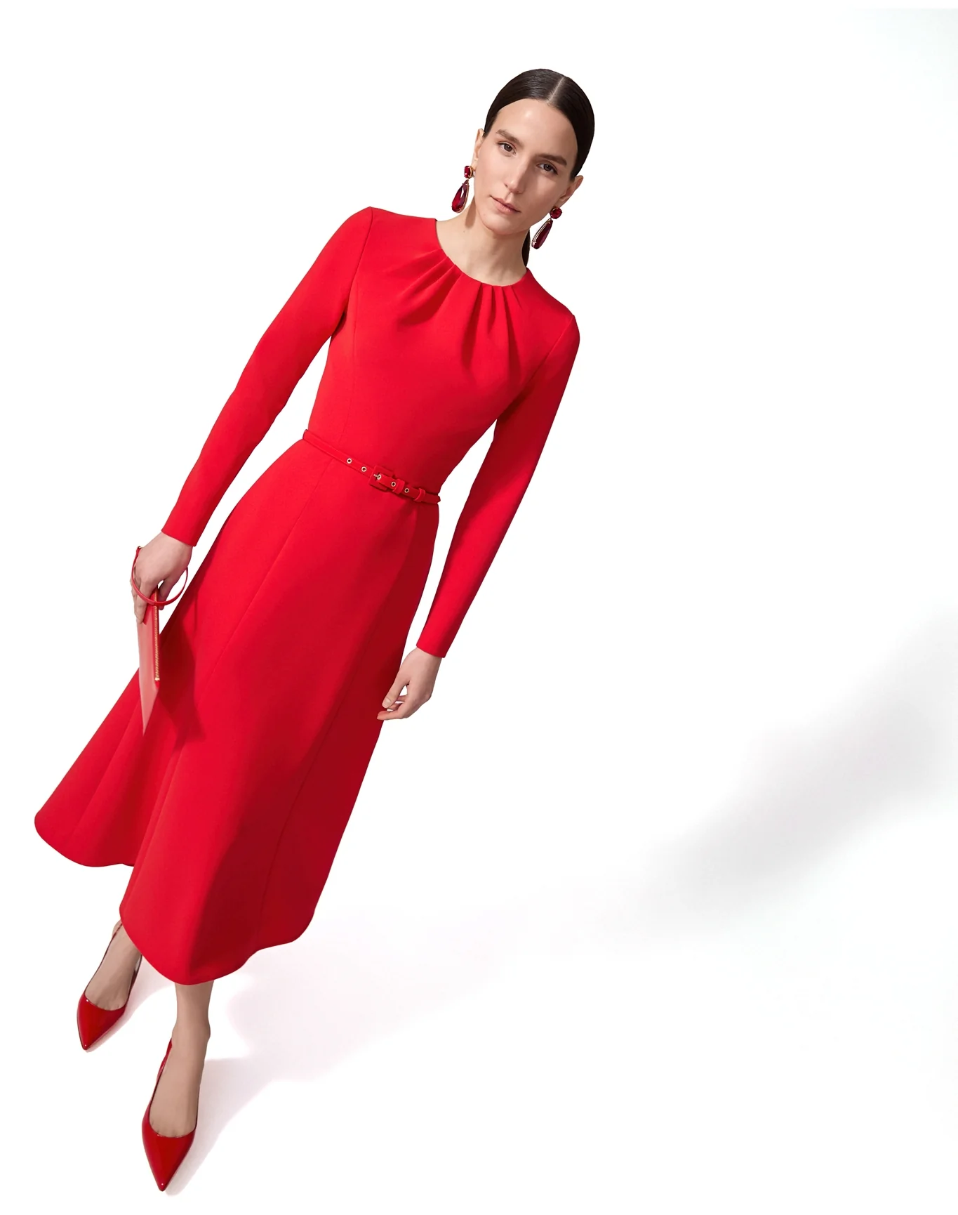 Long Sleeve Gathered Midi Dress with Belt | Scarlet - Image 4