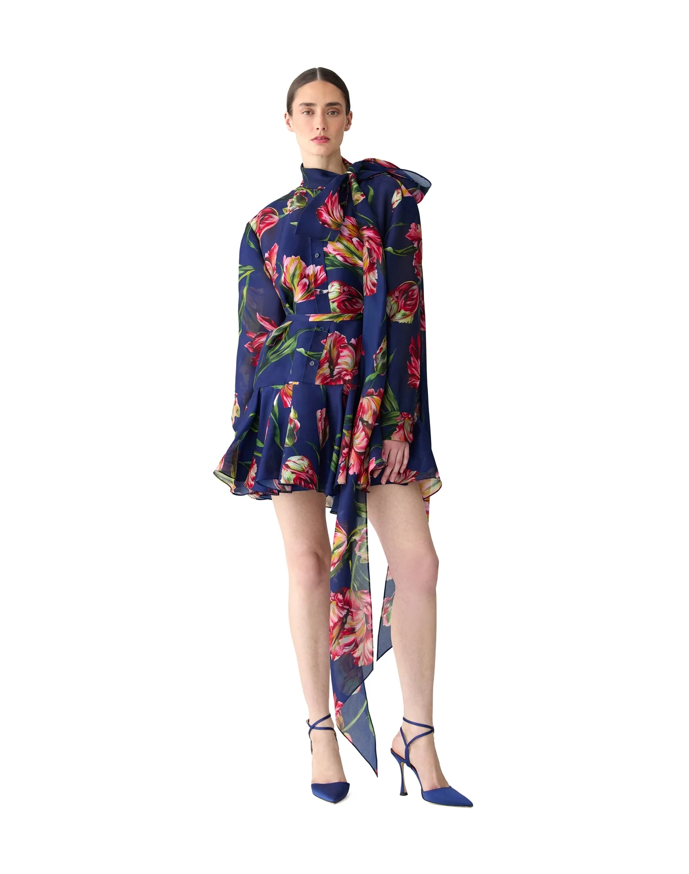 Long Sleeve Mini Dress with Ruffle Hem & Bow | Dark Navy Multi - Image 2