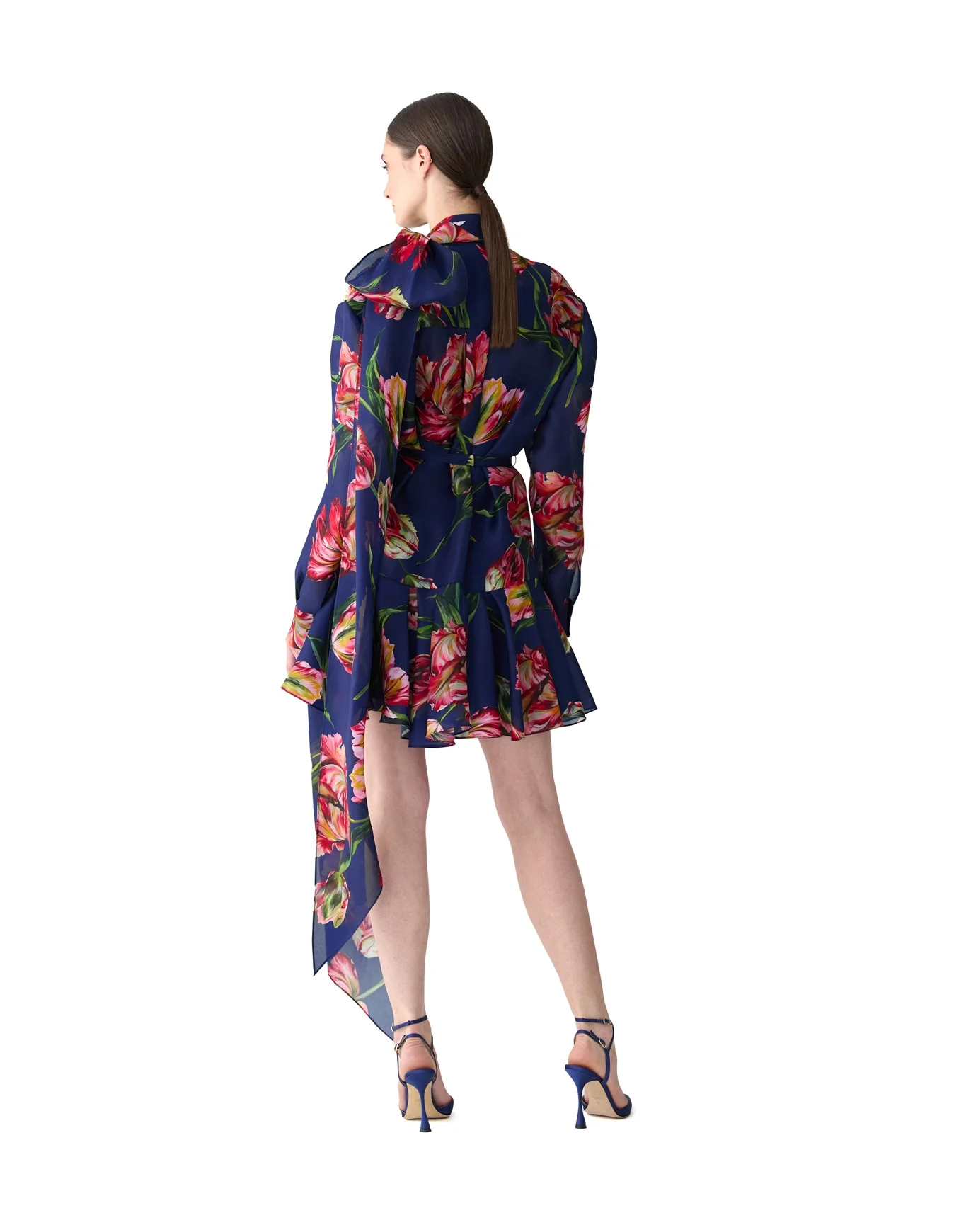 Long Sleeve Mini Dress with Ruffle Hem & Bow | Dark Navy Multi - Image 3