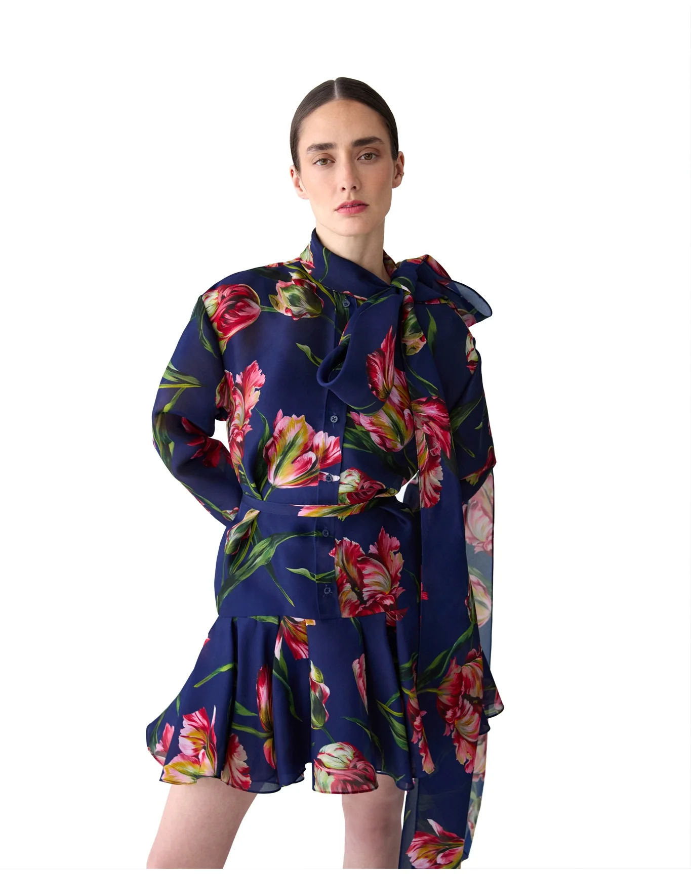 Long Sleeve Mini Dress with Ruffle Hem & Bow | Dark Navy Multi - Image 4