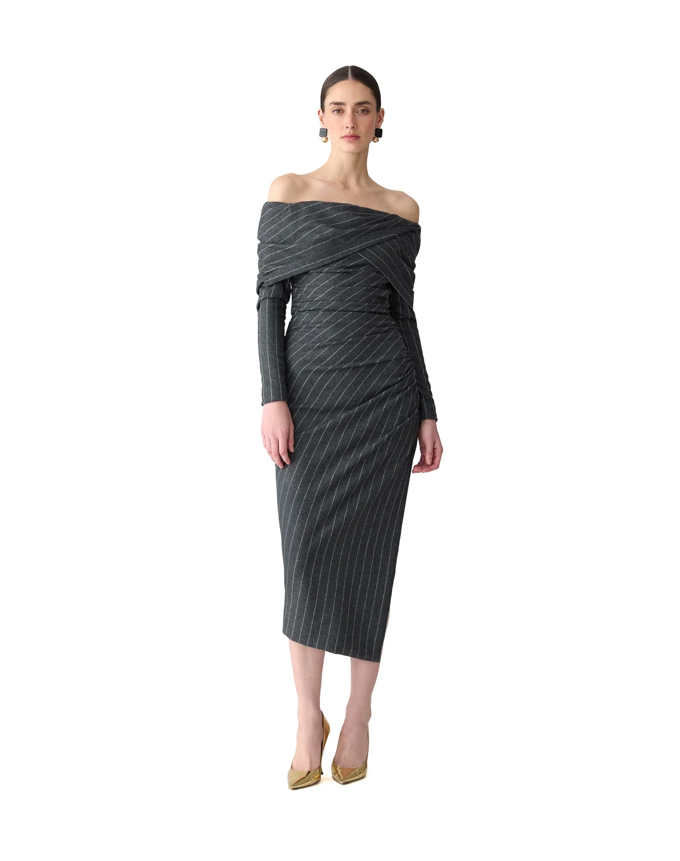 Long Sleeve Off Shoulder Gathered Midi Dress | Charcoal Grey M - Image 2