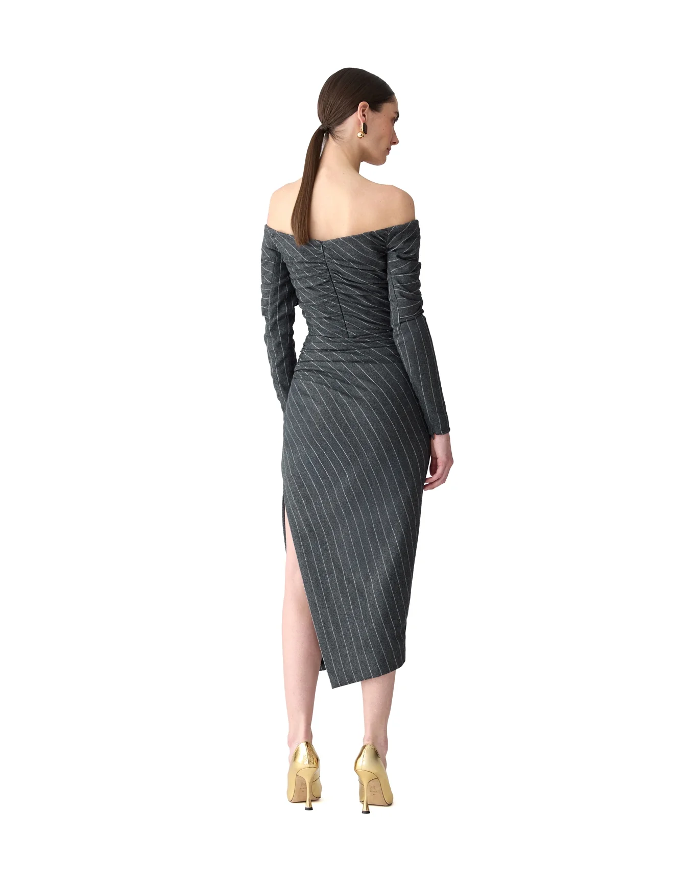Long Sleeve Off Shoulder Gathered Midi Dress | Charcoal Grey M - Image 3