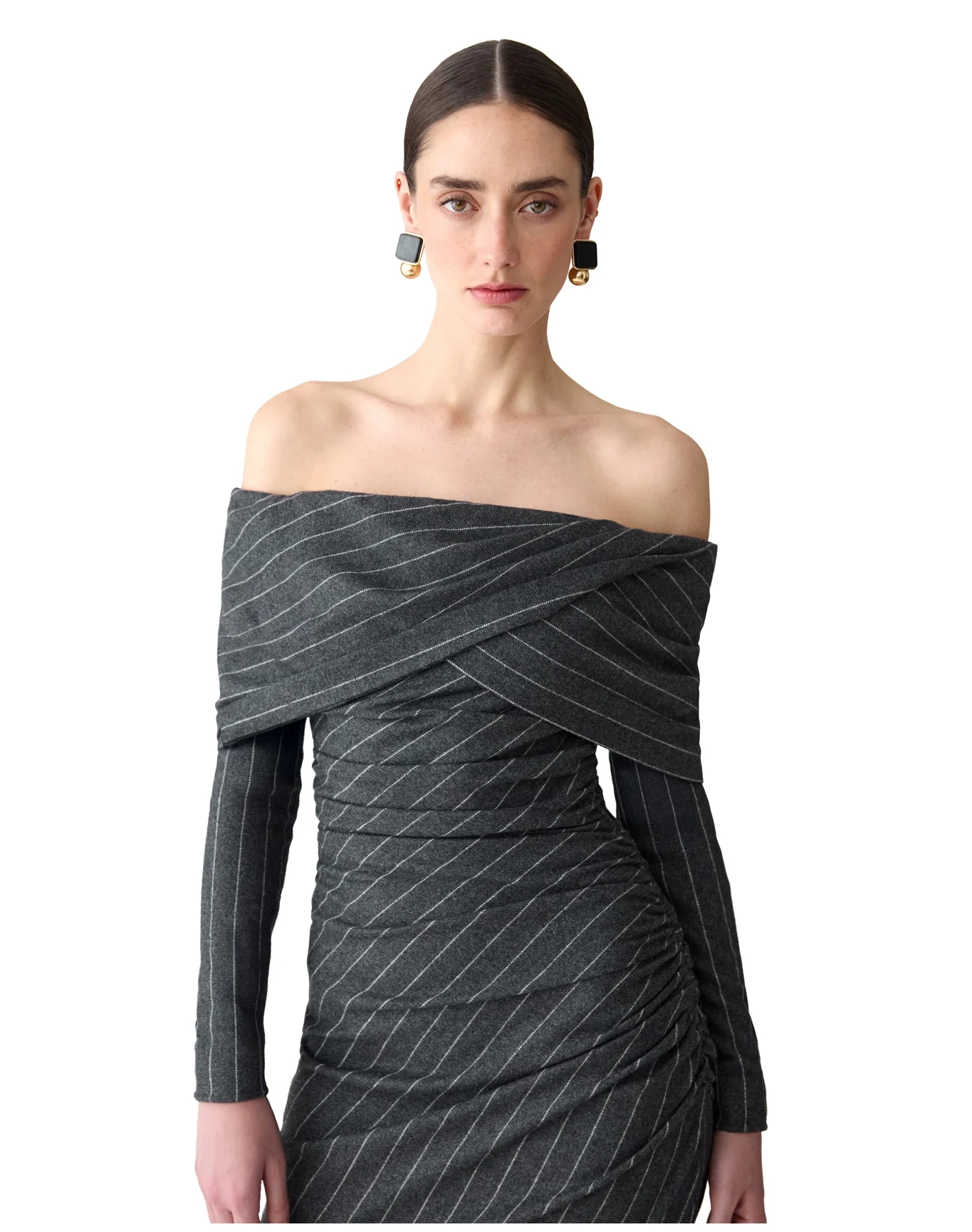 Long Sleeve Off Shoulder Gathered Midi Dress | Charcoal Grey M - Image 4