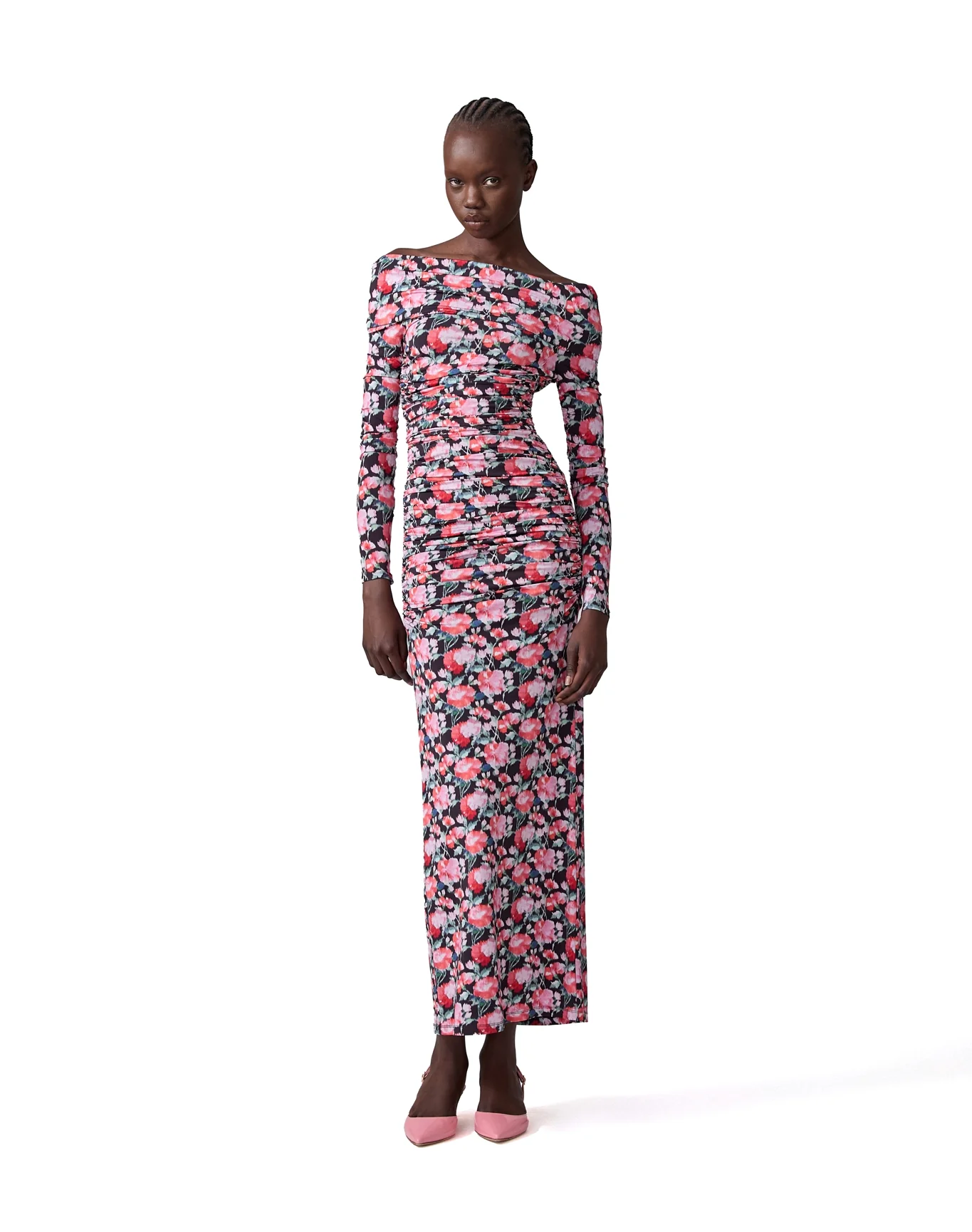 Long Sleeve Off Shoulder Ruched Dress | Pink Multi - Image 2
