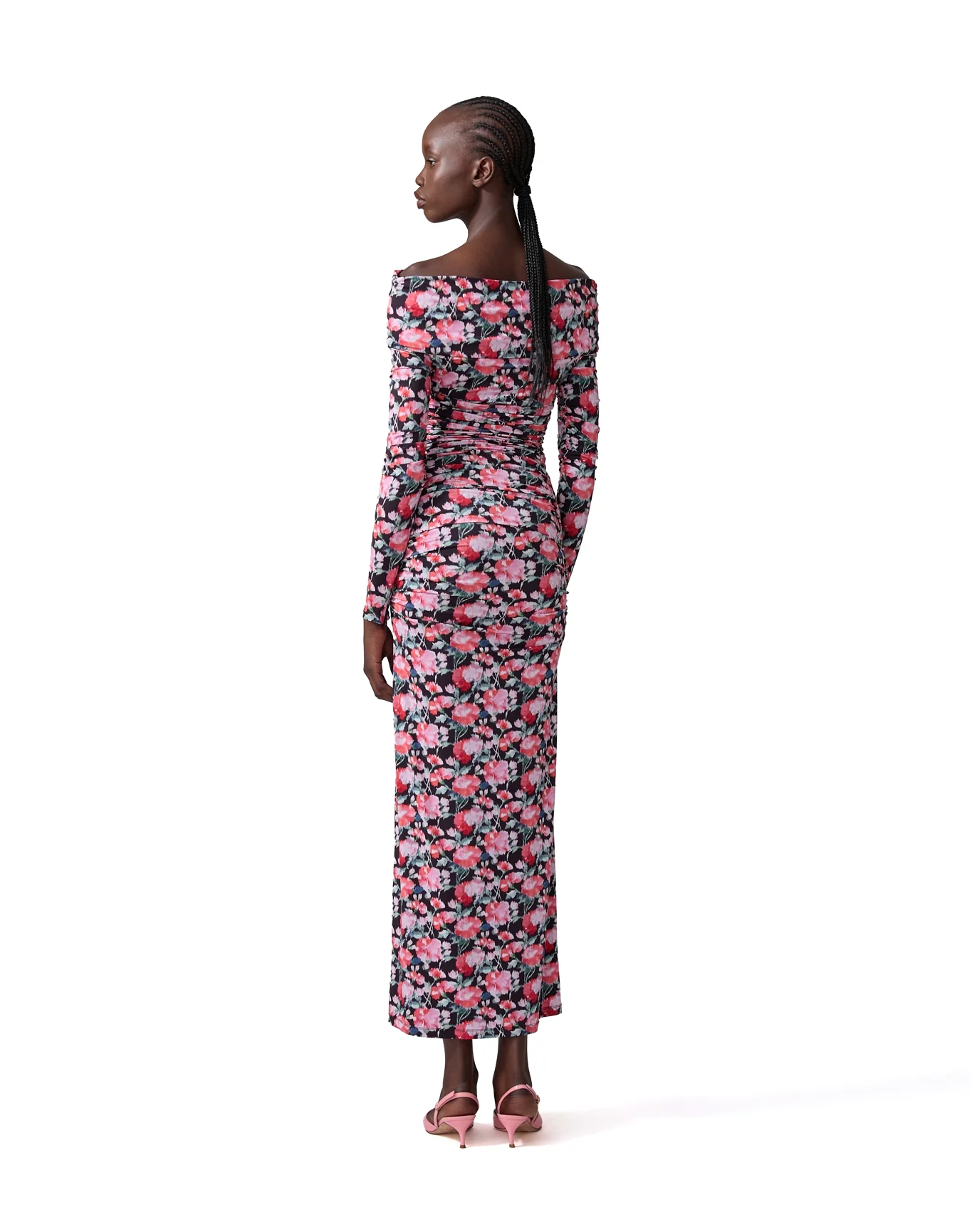 Long Sleeve Off Shoulder Ruched Dress | Pink Multi - Image 3