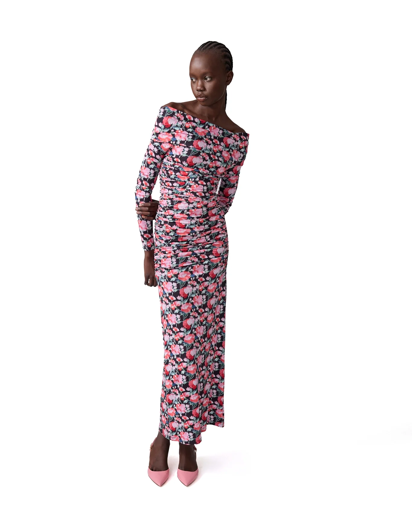 Long Sleeve Off Shoulder Ruched Dress | Pink Multi - Image 4