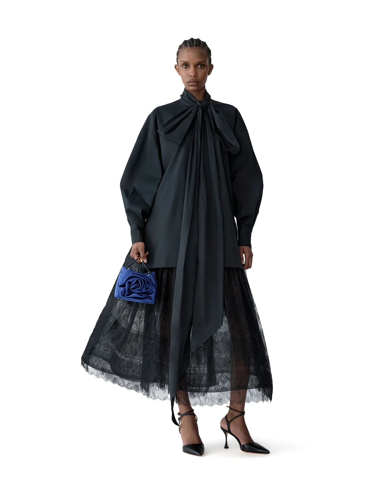 Long Sleeve Oversized Button Down Top with Bow | Black - Image 2