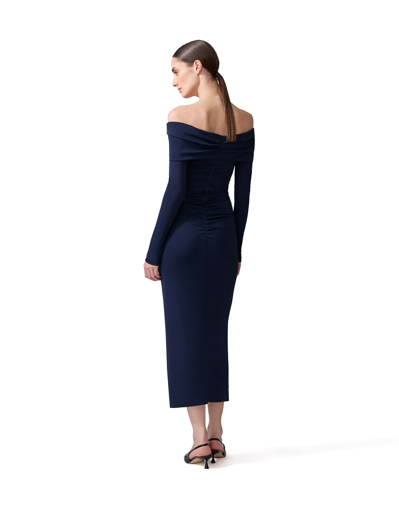 Off Shoulder 3/4 Sleeve Ruched Midi Dress | Midnight - Image 2