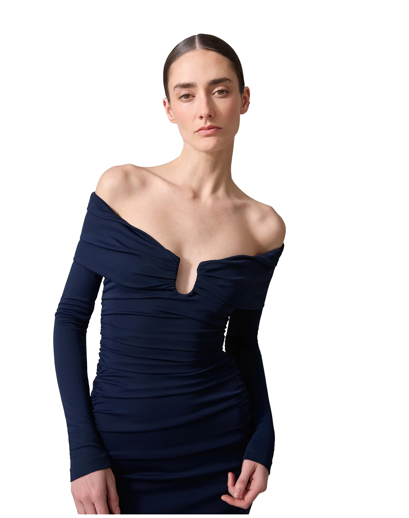 Off Shoulder 3/4 Sleeve Ruched Midi Dress | Midnight - Image 3