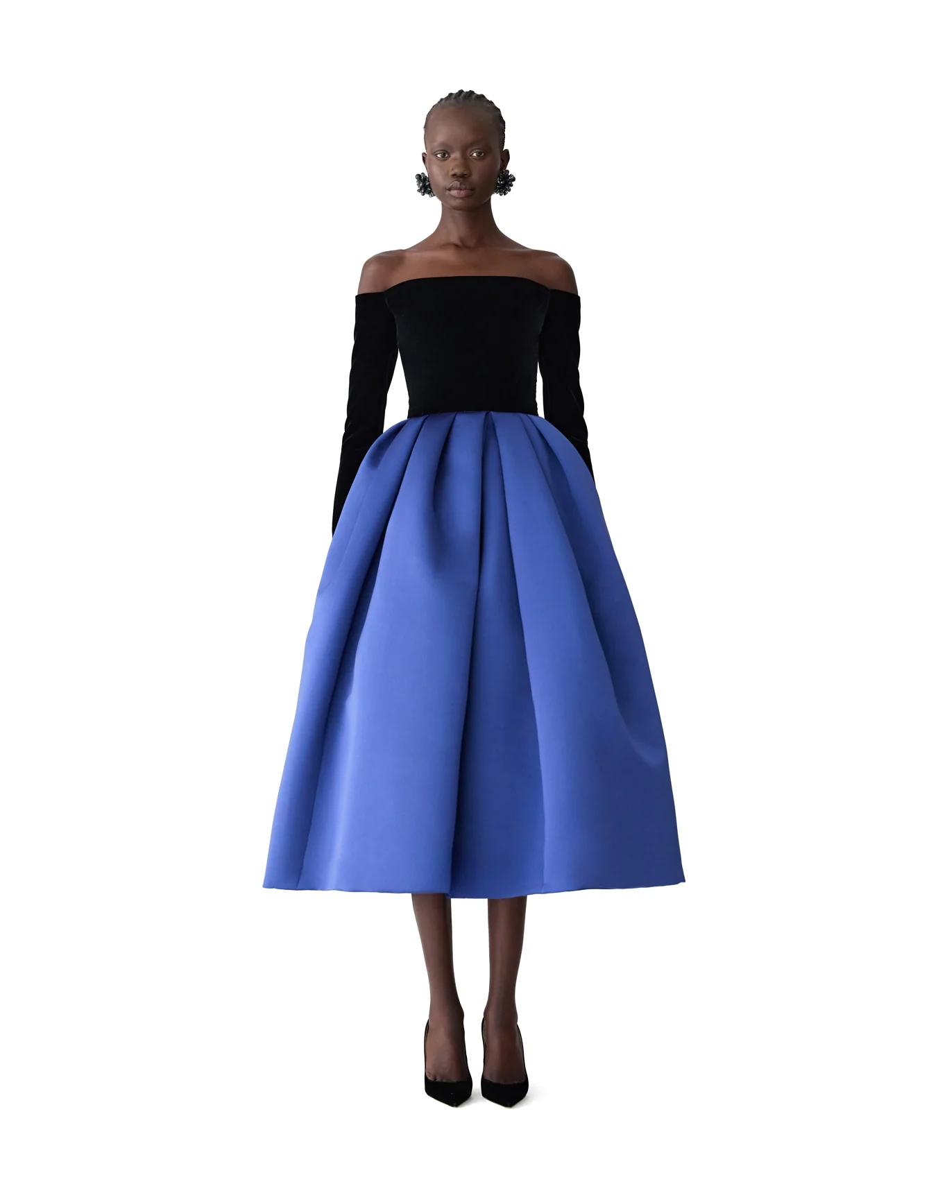 Off Shoulder Long Sleeve Midi Dress | Dark Navy Multi - Image 2