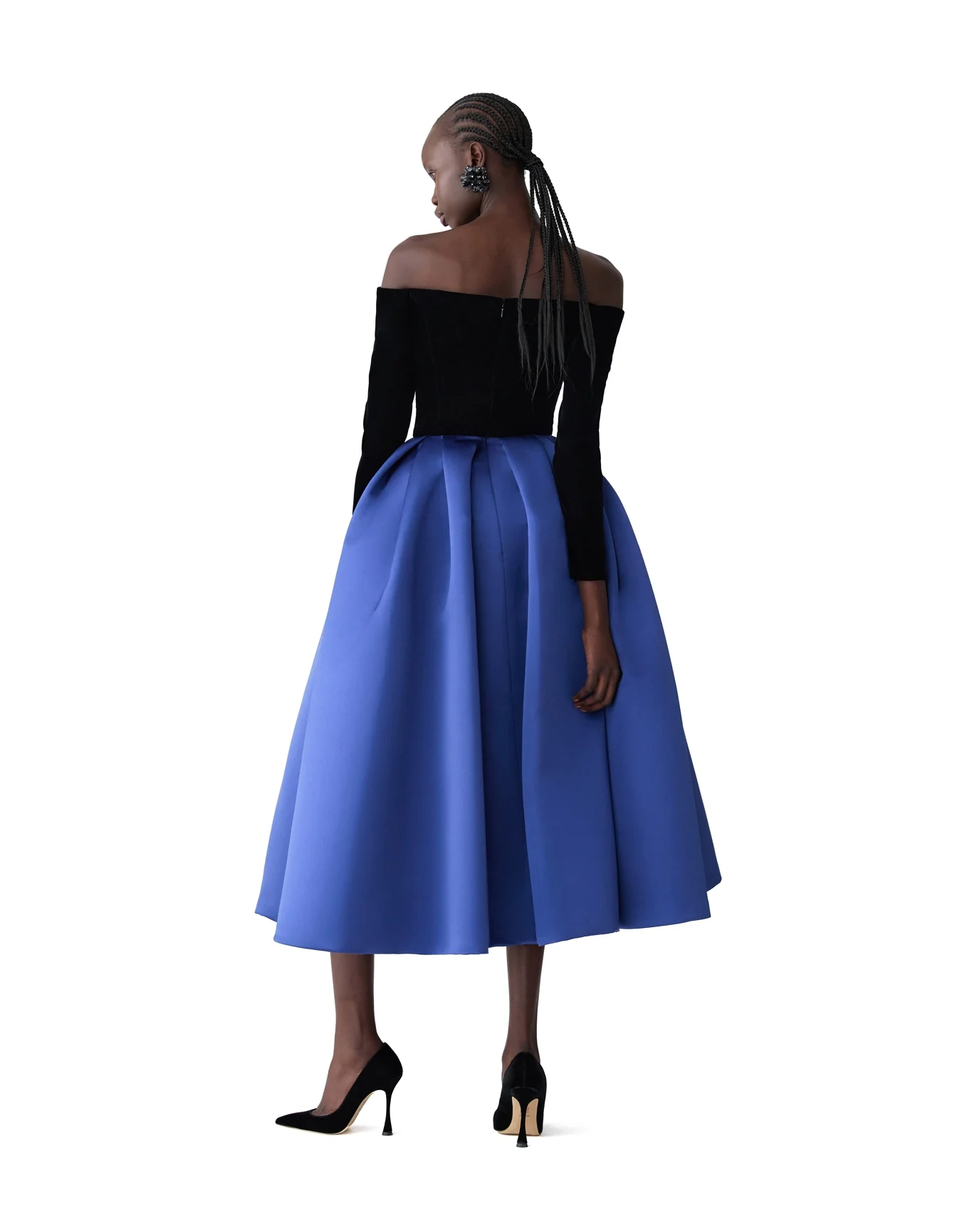 Off Shoulder Long Sleeve Midi Dress | Dark Navy Multi - Image 3