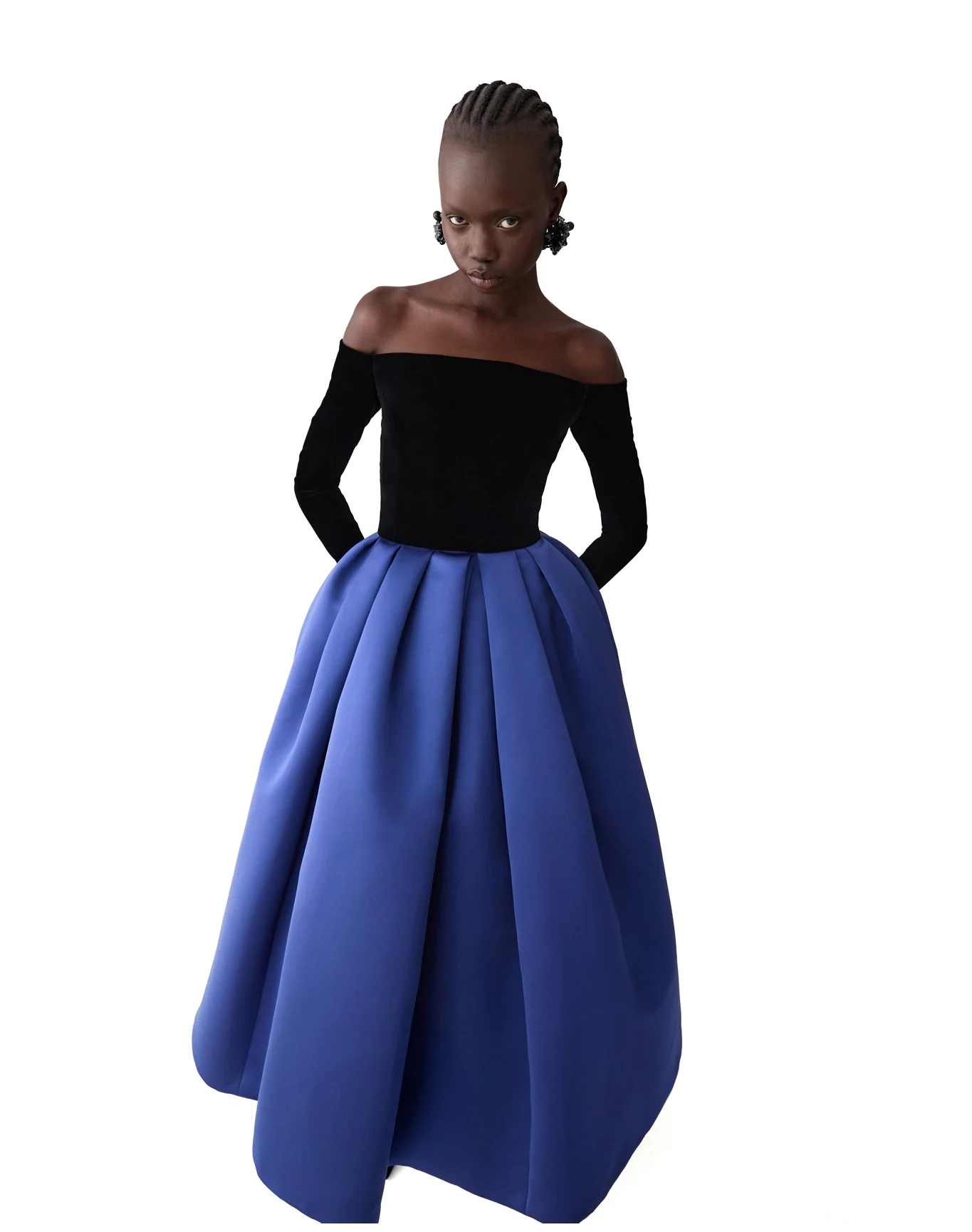 Off Shoulder Long Sleeve Midi Dress | Dark Navy Multi - Image 4