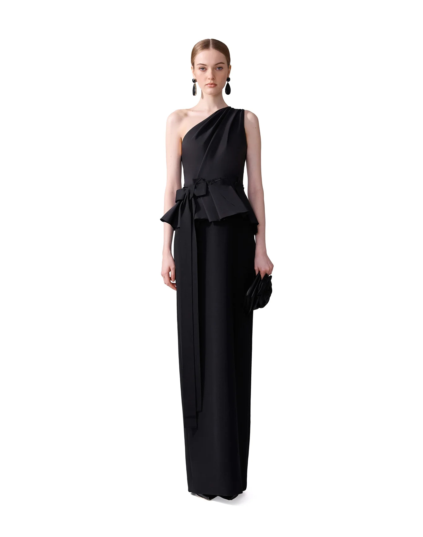 One Shoulder Column Gown with Bow | Black - Image 2