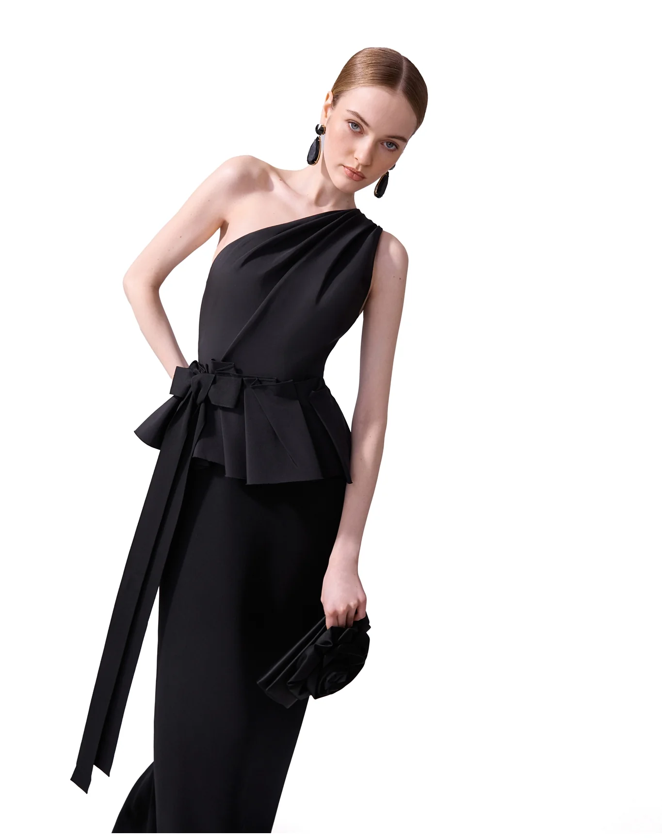 One Shoulder Column Gown with Bow | Black - Image 4