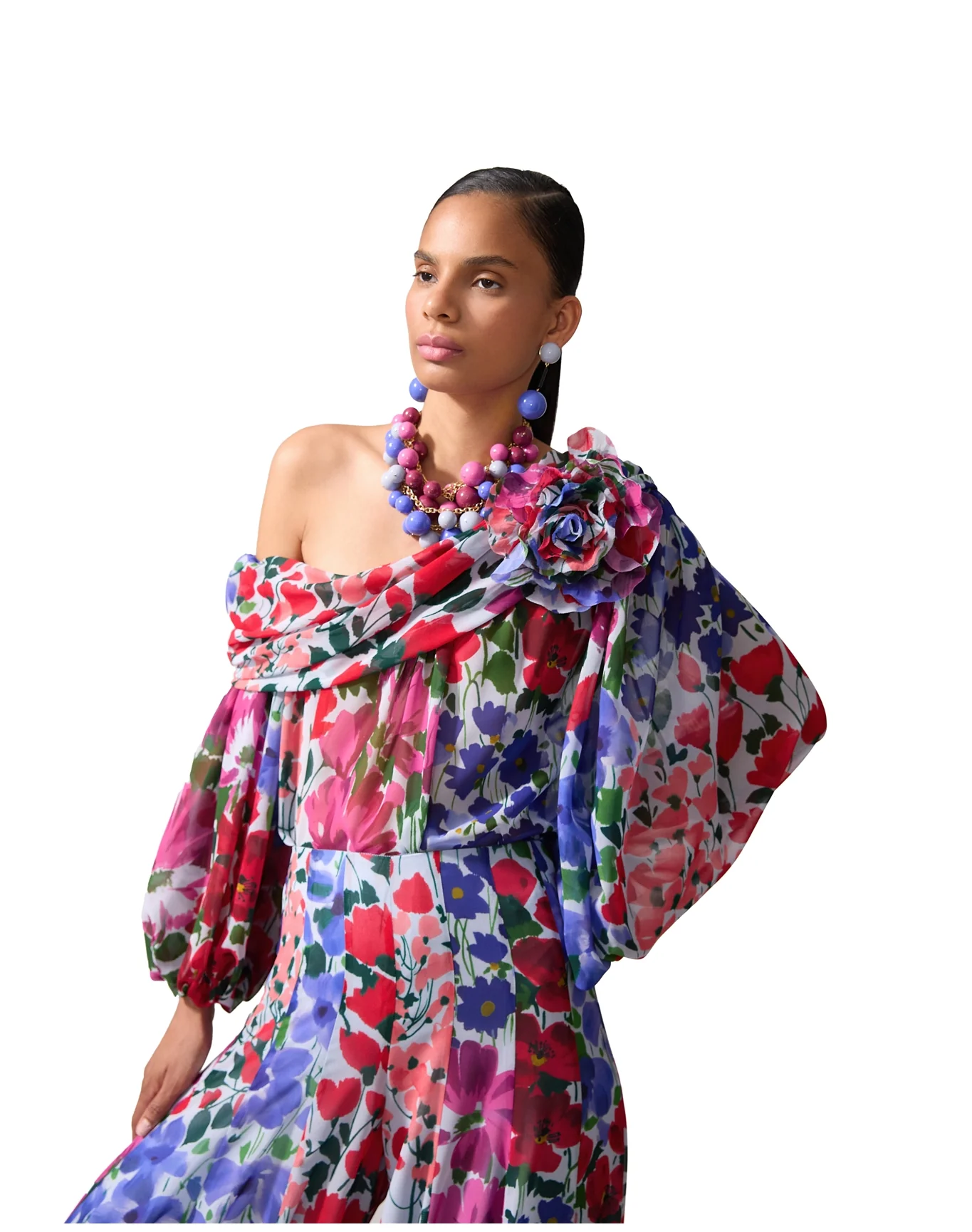 One Shoulder Draped Top with Flower | Celeste Multi - Image 3