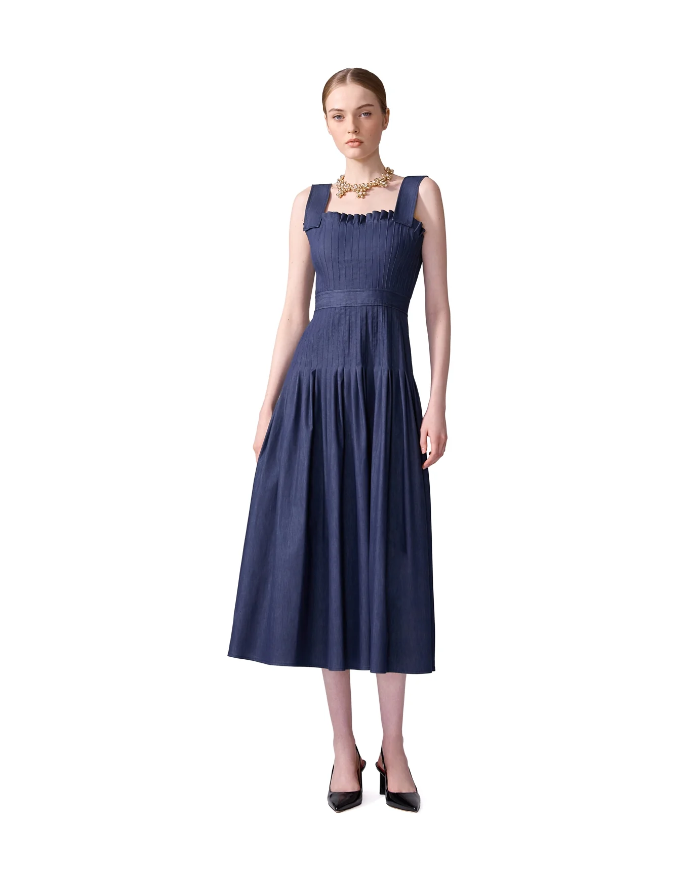 Pleated Bodice Midi Dress | Dark Navy - Image 2