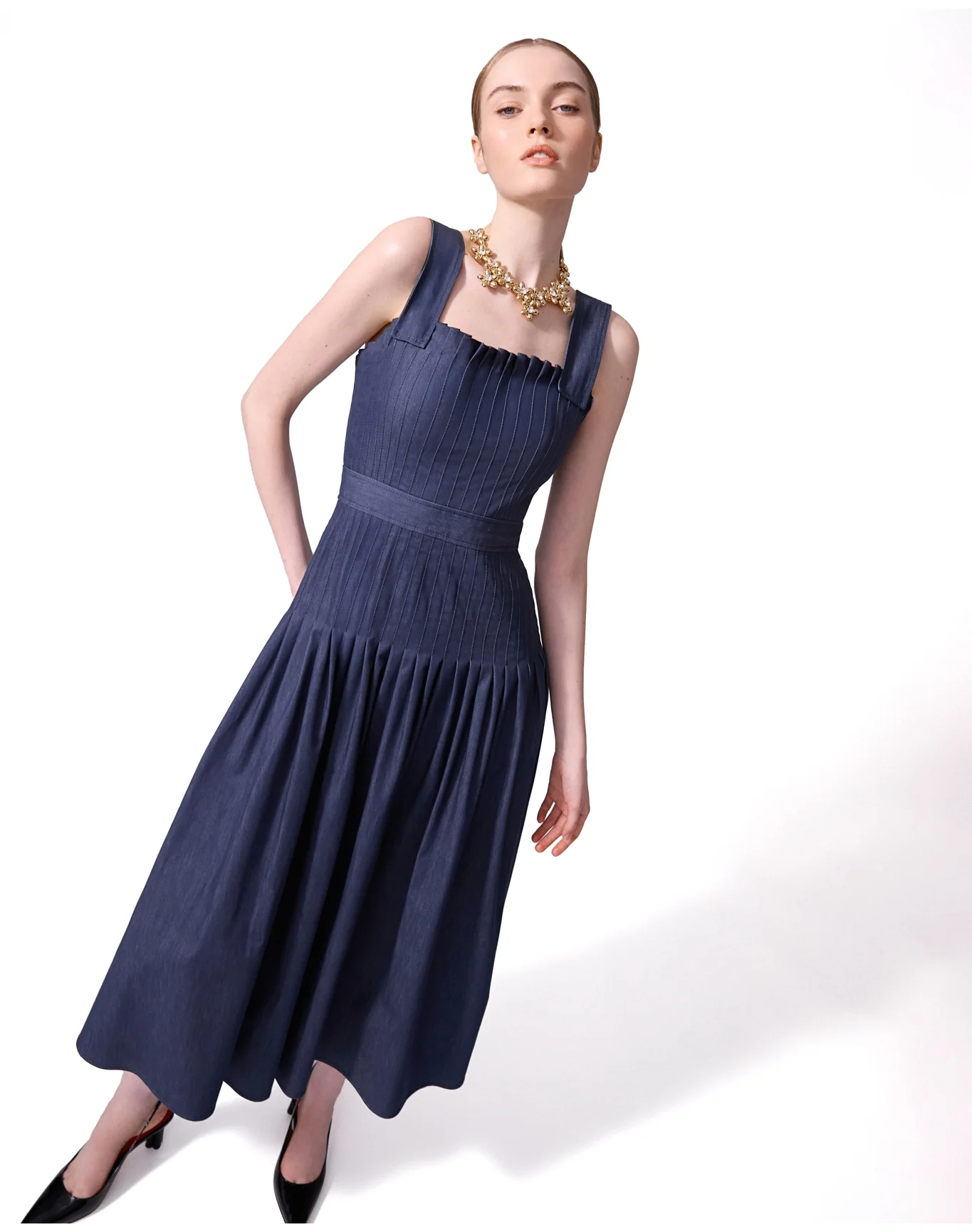 Pleated Bodice Midi Dress | Dark Navy - Image 3