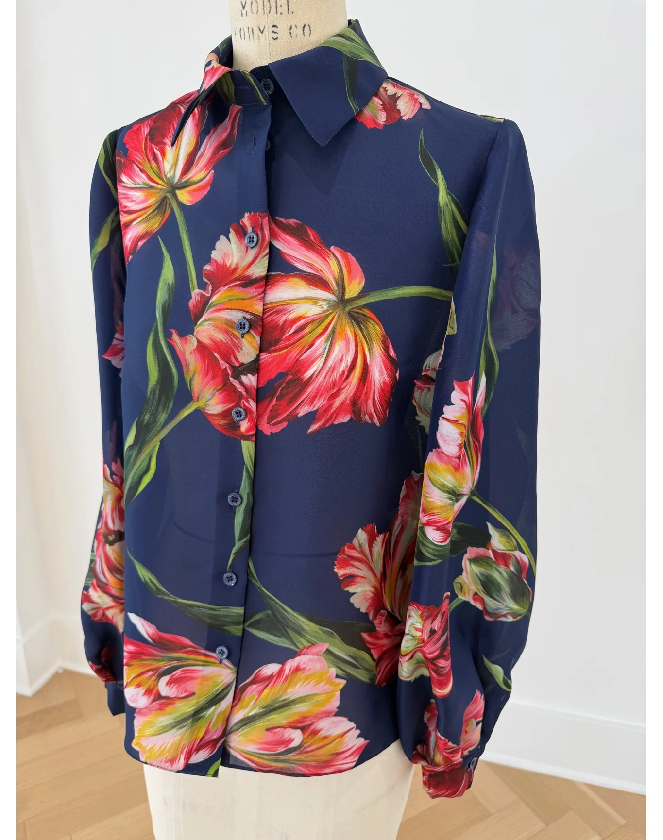 Puff Sleeve Button Down Top | Dark Navy Multi - Image 4
